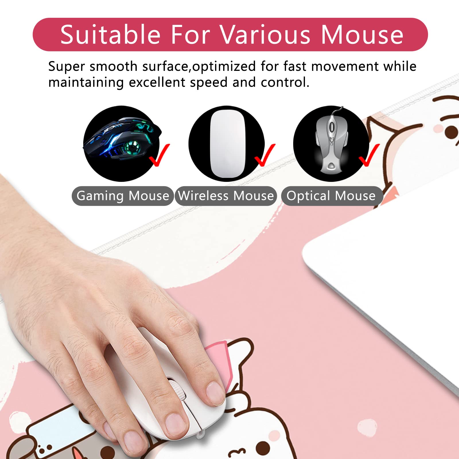 Pink Large Gaming Mouse Pad Kawaii Desk Pad XXL Cute Cat Mouse Mat 35x15.7x0.12 inch Desk