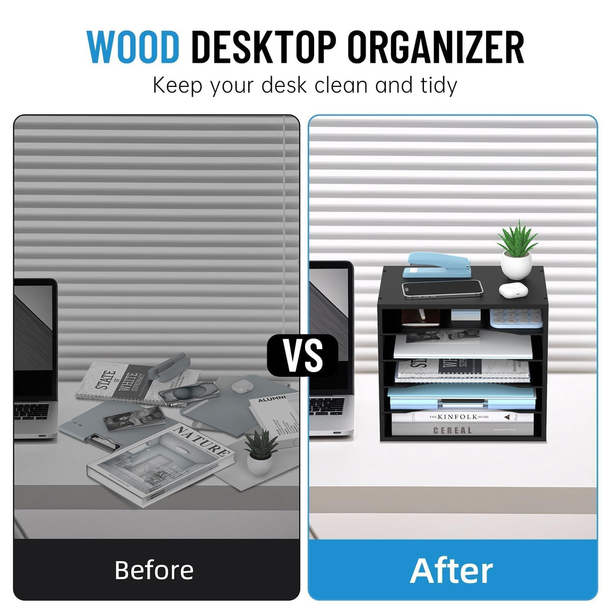 5-Tier Paper Organizer for Desk, Adjustable Mail Organizer, Black