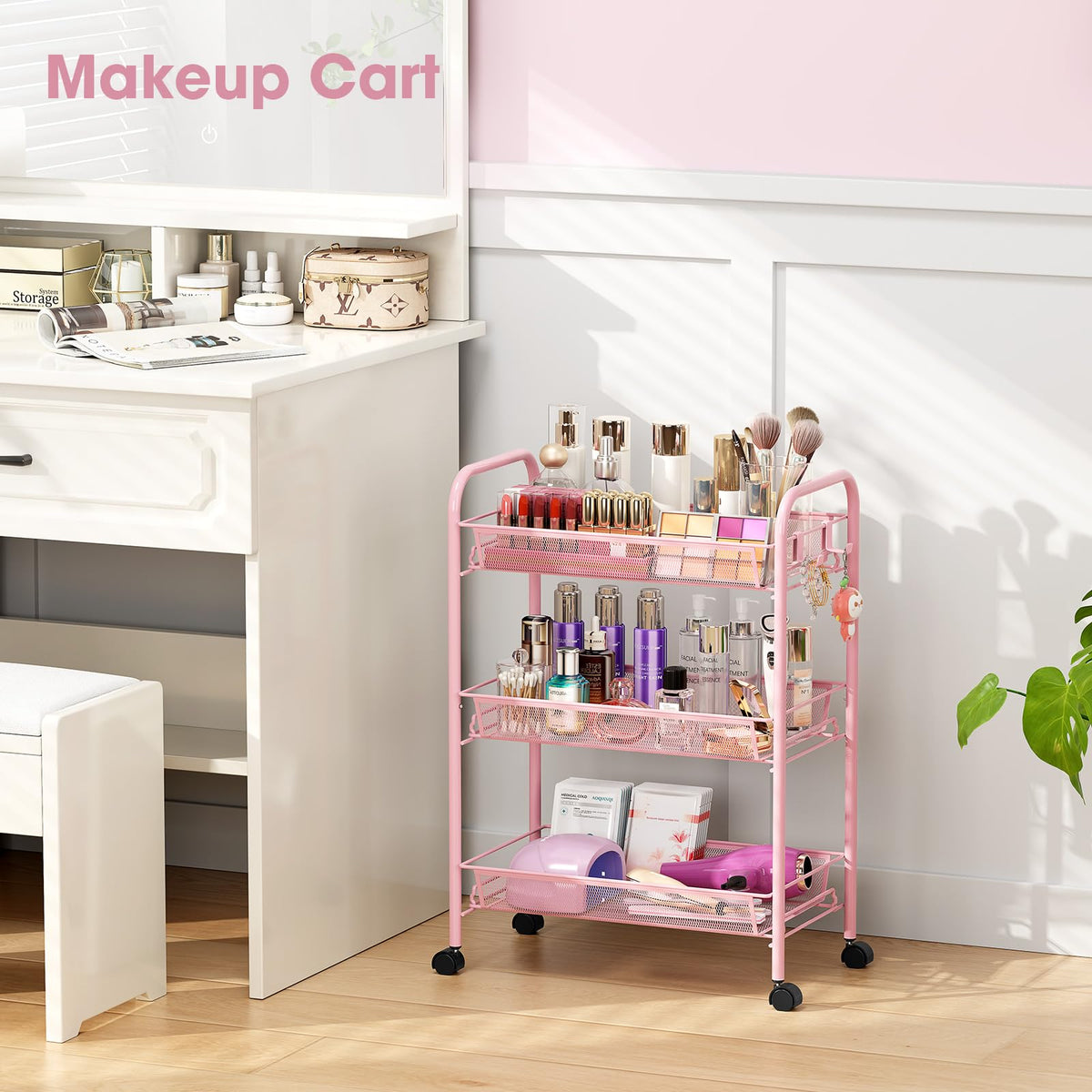 TOOLF 3 Tier Rolling Cart, Metal Utility Storage Cart with Wheels, Pink