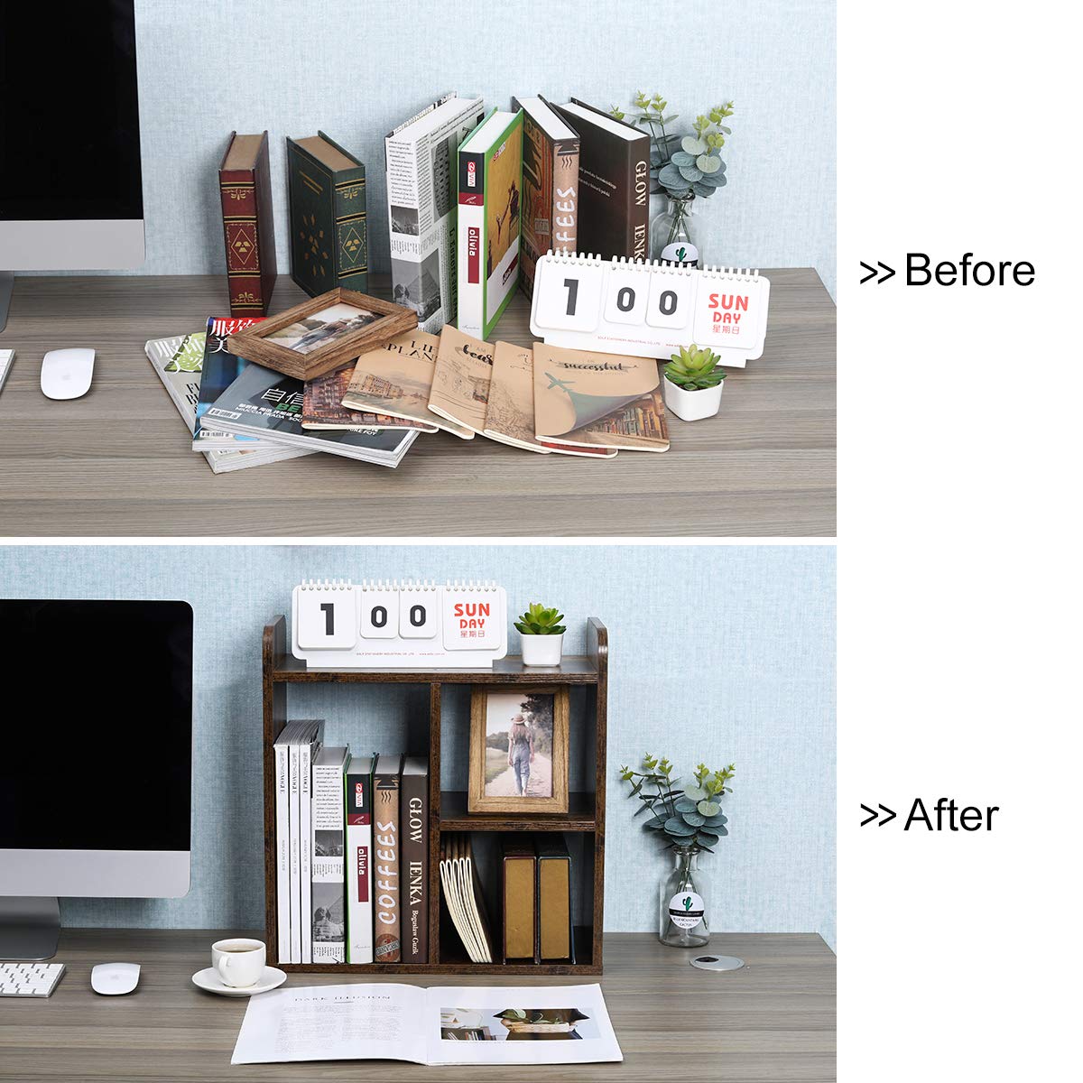 PAG-Mass Desktop Bookshelf Freestanding Wooden Countertop Bookcase Accessories Organizer Display
