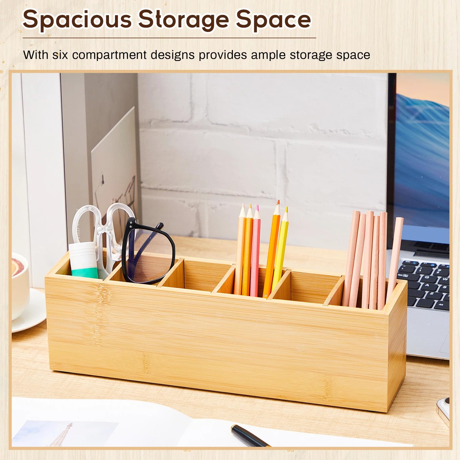 Jetec Wooden Pencil Pen Holder for Desk, Bamboo, 6 Compartments