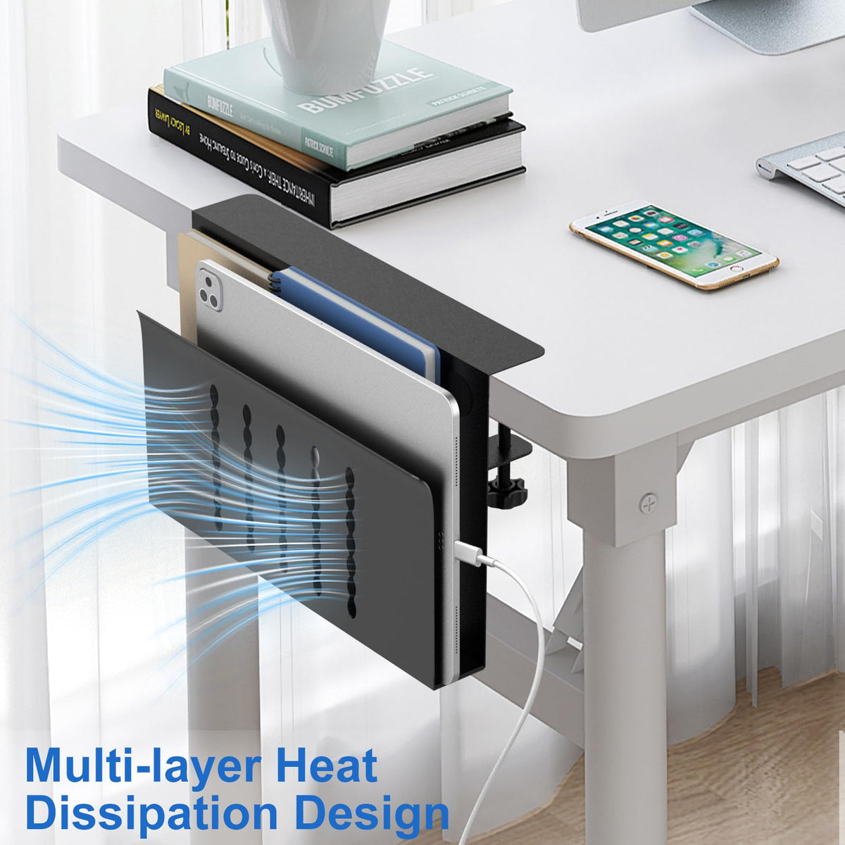 HAMOPY Desk Side Storage, Single-Layer Steel Hanging Desk Organizer with Magnetic Pen Holder, No