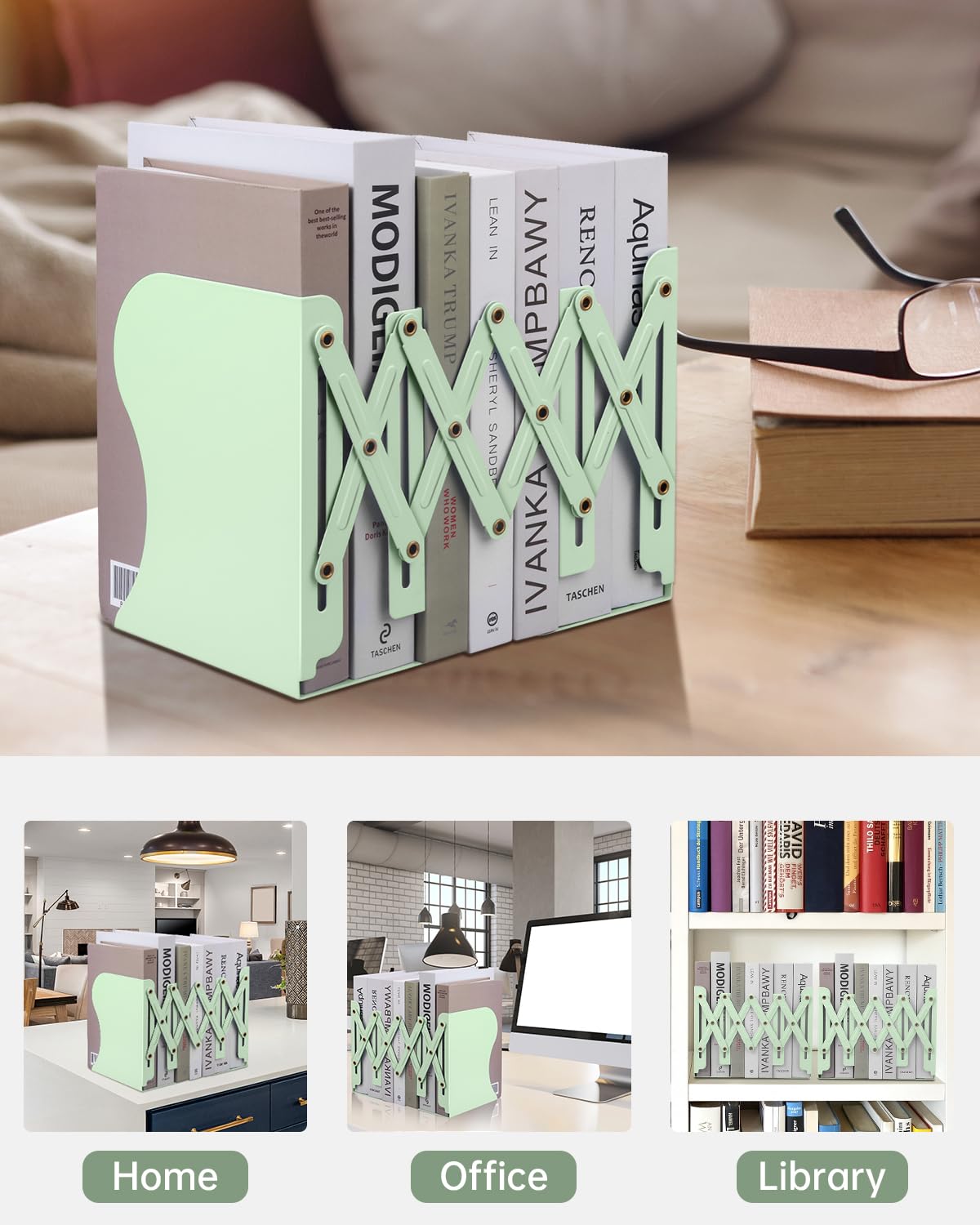 Honagu Adjustable Bookends, Metal Book Ends for Shelves Heavy Book, Desk Magazine File Organizer