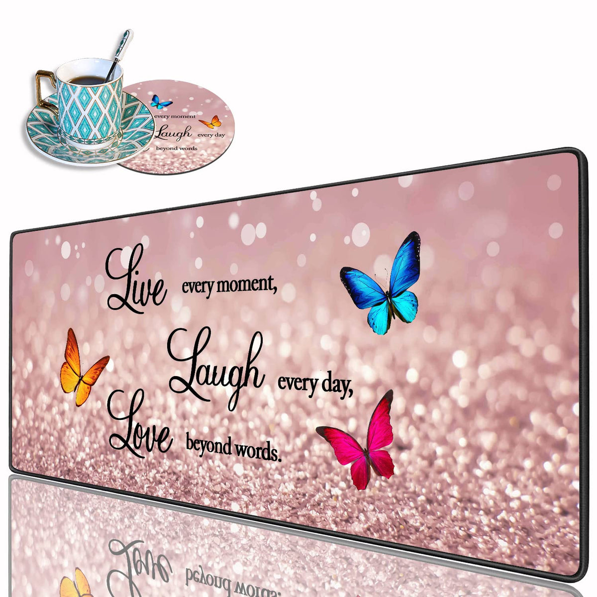 Desk Pad Mat With Coasters, 31.5"x 11.8" XXL Large Gaming Mouse Mat With Non-Slip Base and Stitched