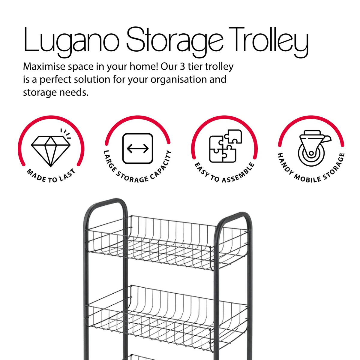 Metaltex Lugano 3-Tier Trolley with Wheels - Multipurpose Storage Cart for Home including Kitchen