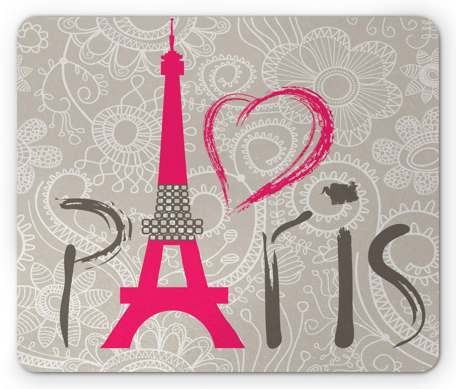 Lunarable Eiffel Tower Mouse Pad, Paris Lettering I Love Paris Lace Pattern Background Heart Shape