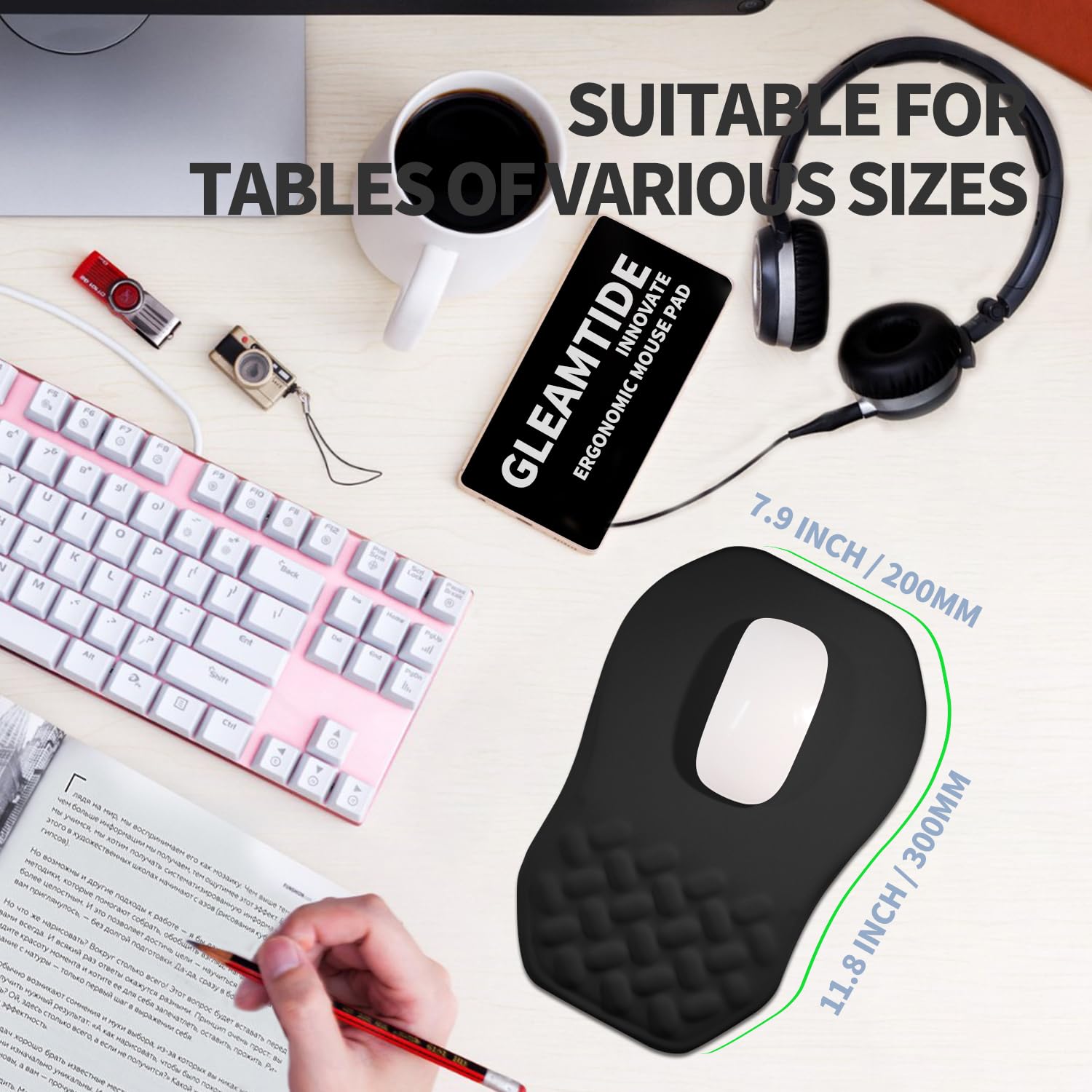 Gleamtide Ergonomic Raised Mouse Pad Wrist Support with Bilateral Slope Memory Foam Mousepad for