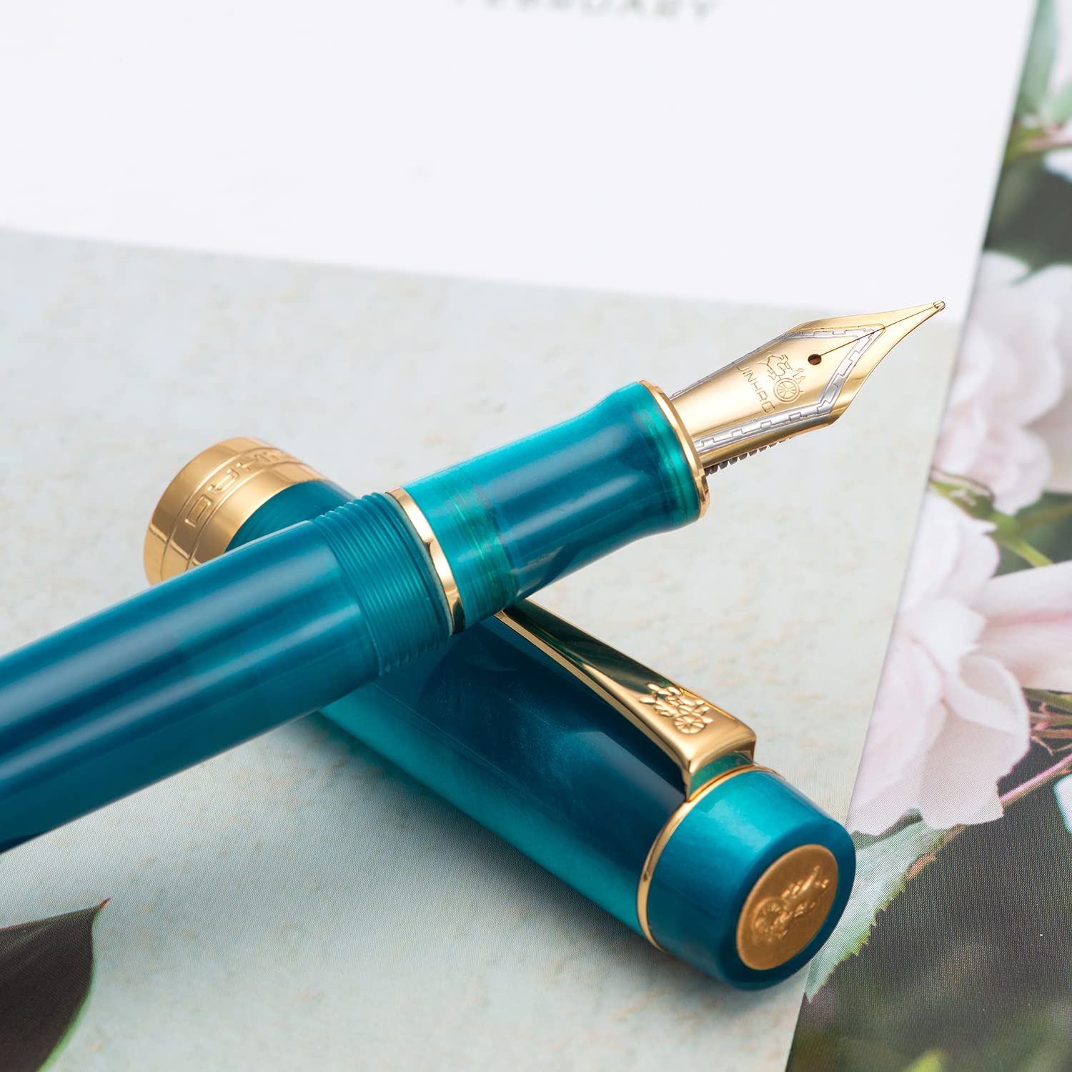 Jinhao Classic Fountain Pen Peacock Blue Celluloid, Extra Fine Nib with Conveter and Pen Case Set