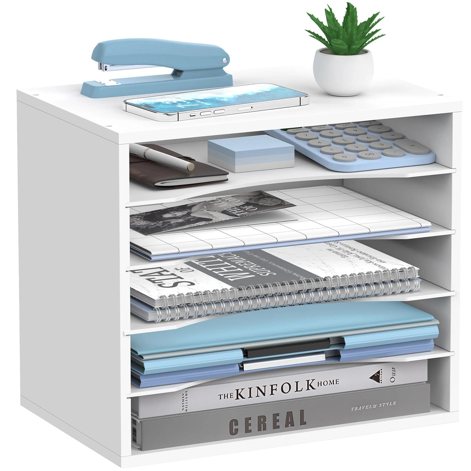 5-Tier Paper Organizer for Desk, Adjustable Mail Organizer, White