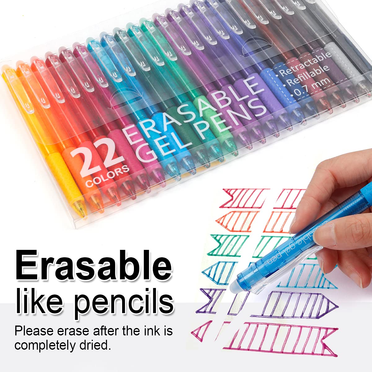 Vanstek 22 Colors Retractable Erasable Gel Pens Clicker, Fine Point(0.7), Make Mistakes Disappear