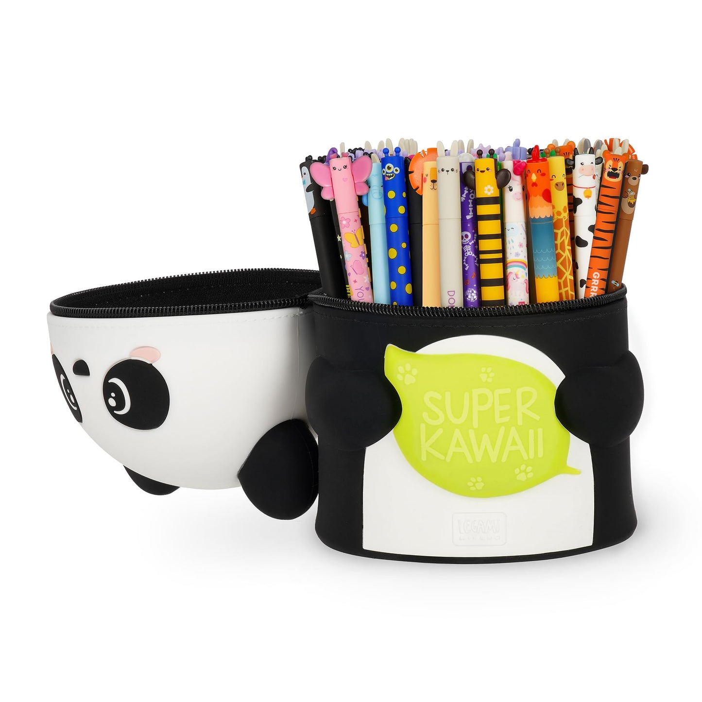 Legami - Super Kawaii Panda Pencil Case, Capacity, Holds up to 100 Erasable Pens, Soft Silicone, 13