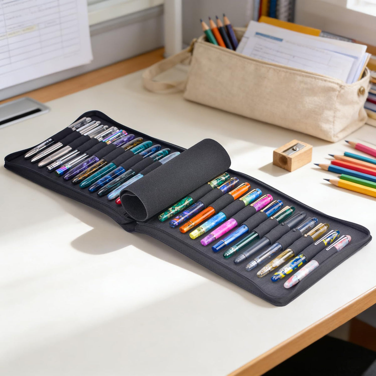 Asvine 24 Fountain Pen Case Black Organizer Bag - Premium Waterproof Canvas Pen Display Holder