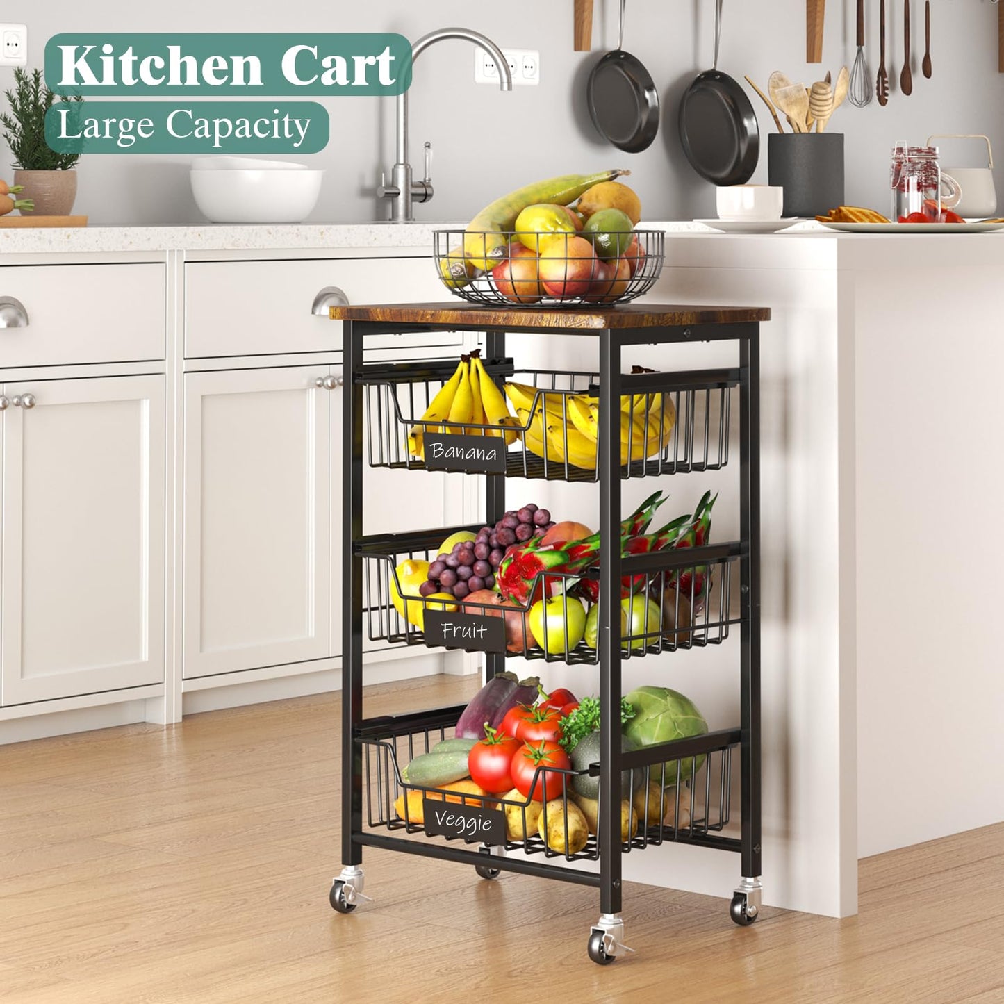 CHLORYARD 4-Tier Vegetable Fruit Basket Kitchen Storage Rolling Cart on Wheels with Pull-Out