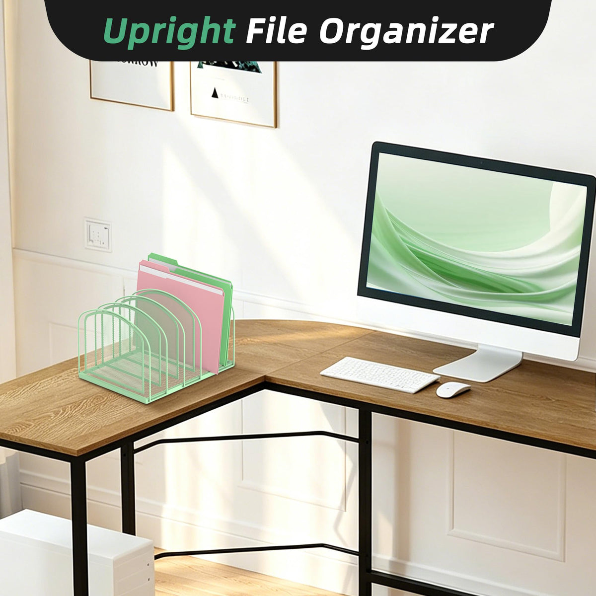 5-Section File Organizer for Desk, Metal File Folder Holder, Mint Green