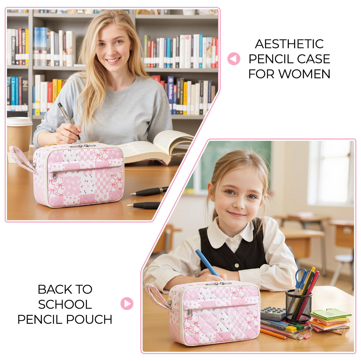 WOBAGMEN Quilted Pencil Pouch for Girls Women, Large Pencil Case Pouch with Compartments Cute