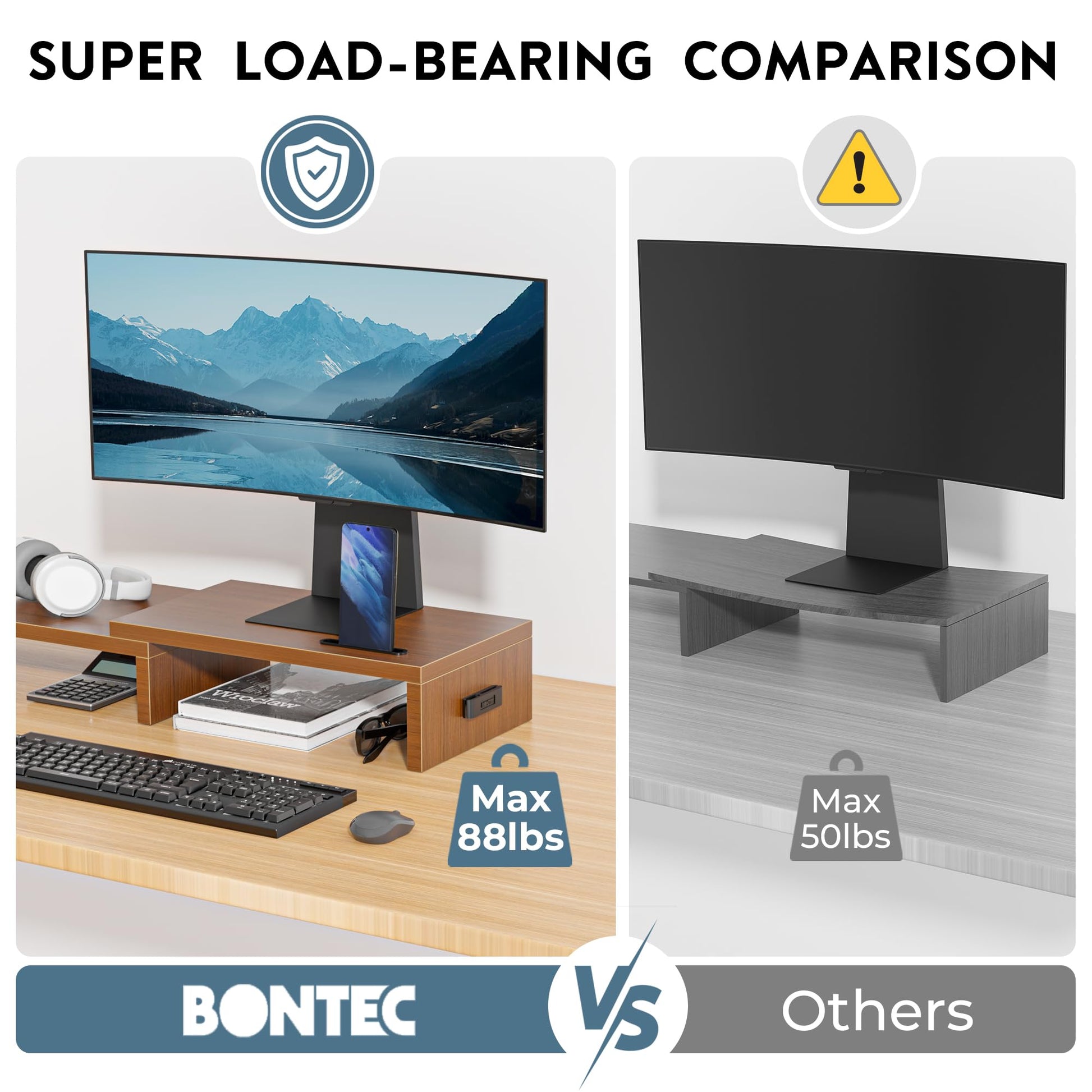 BONTEC Dual Monitor Stand Riser, Adjustable Length & Swivel Angle, Walnut