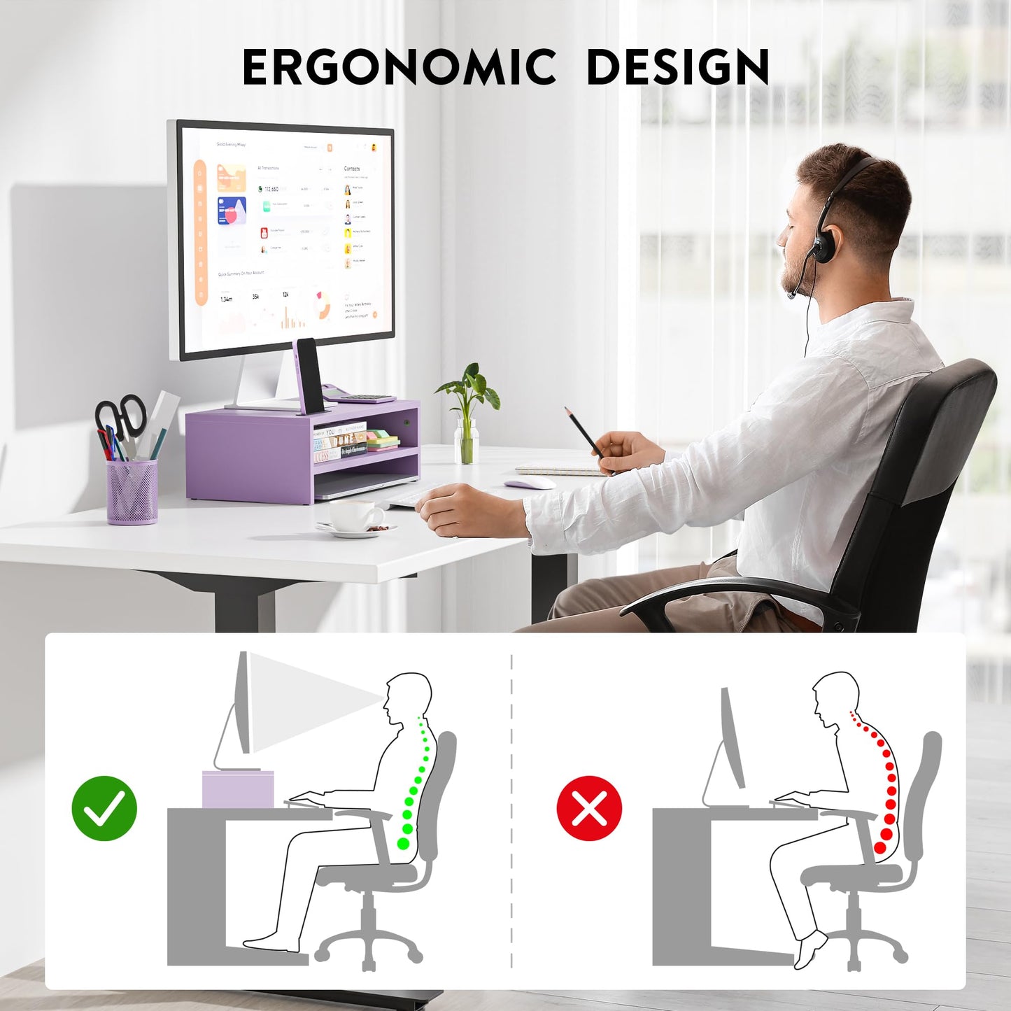 BONTEC Wooden Monitor Stand Riser for Desk, 2-Tier Computer Monitor Stand