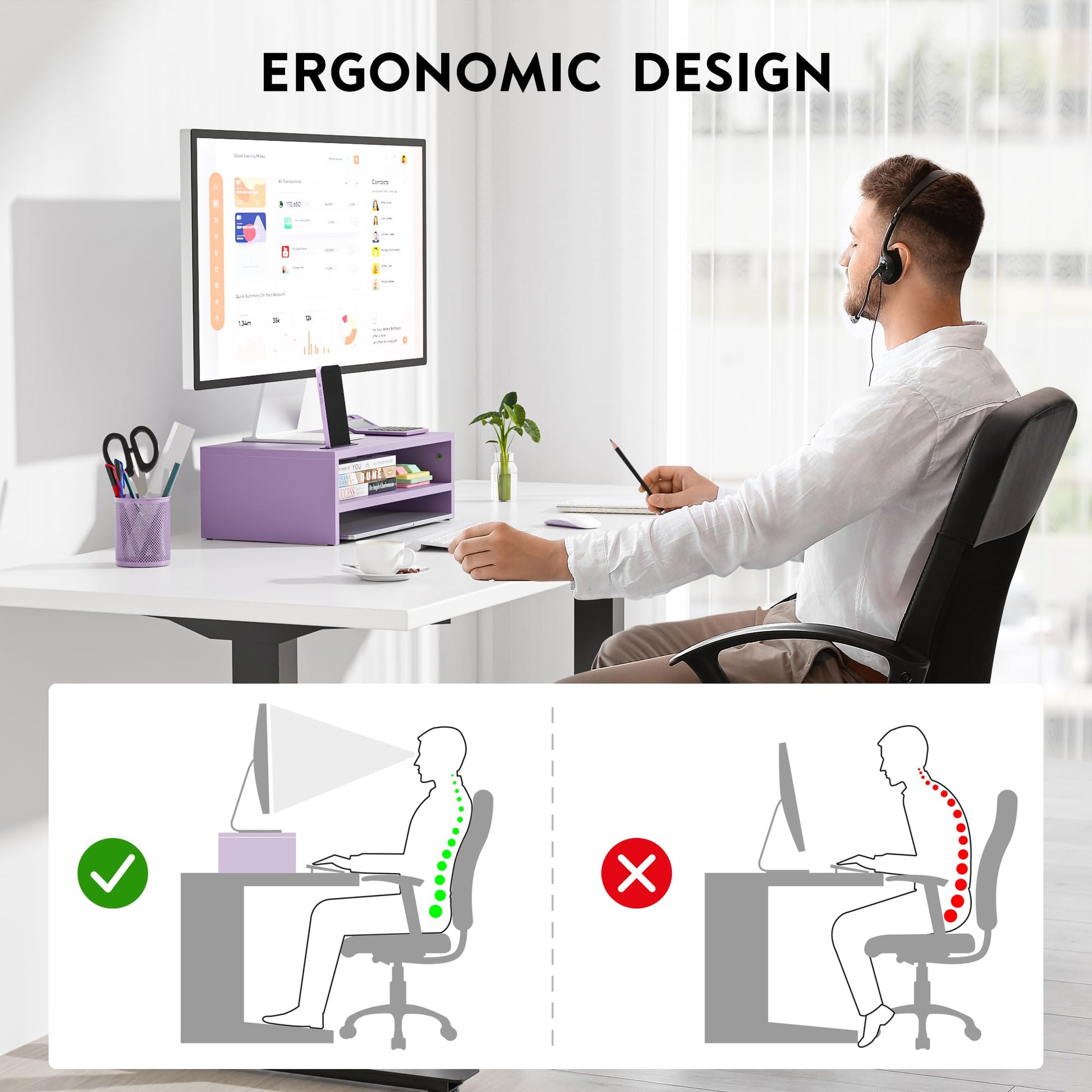 BONTEC Wooden Monitor Stand Riser for Desk, 2-Tier Computer Monitor Stand