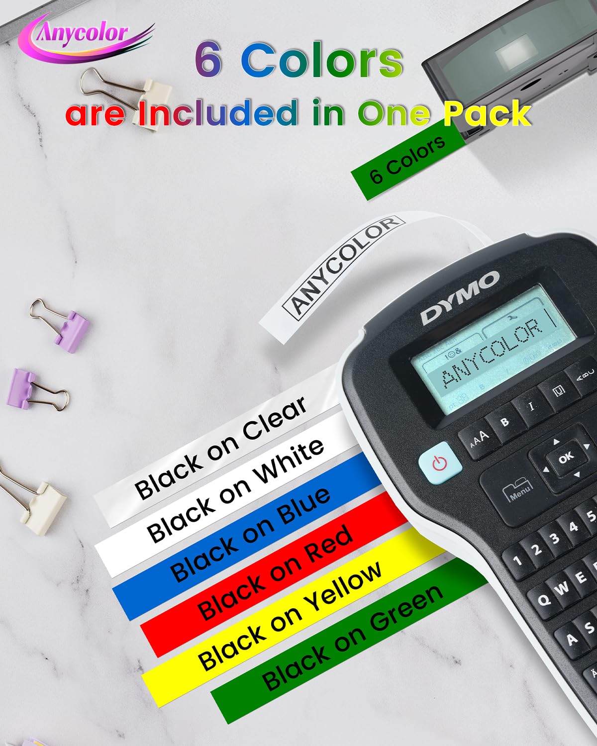 Anycolor 6Pk Replace for Dymo D1 Label Tape 1/2 Colored Label Maker Refills