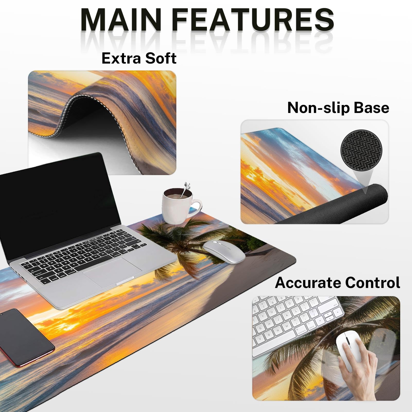 Arttown Keyboard Mouse Pad Set, 4 in 1 Desk Mat Set Beach Ocean