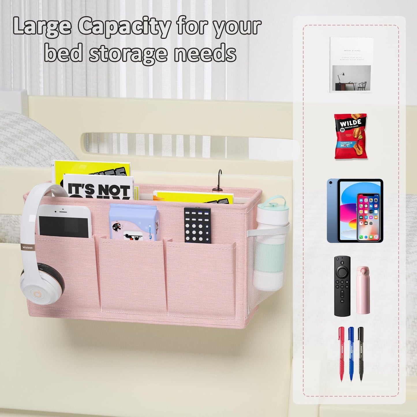 Bedside Caddy Storage Organizer for Bed Rails, Bed Caddy with 6 Pockets