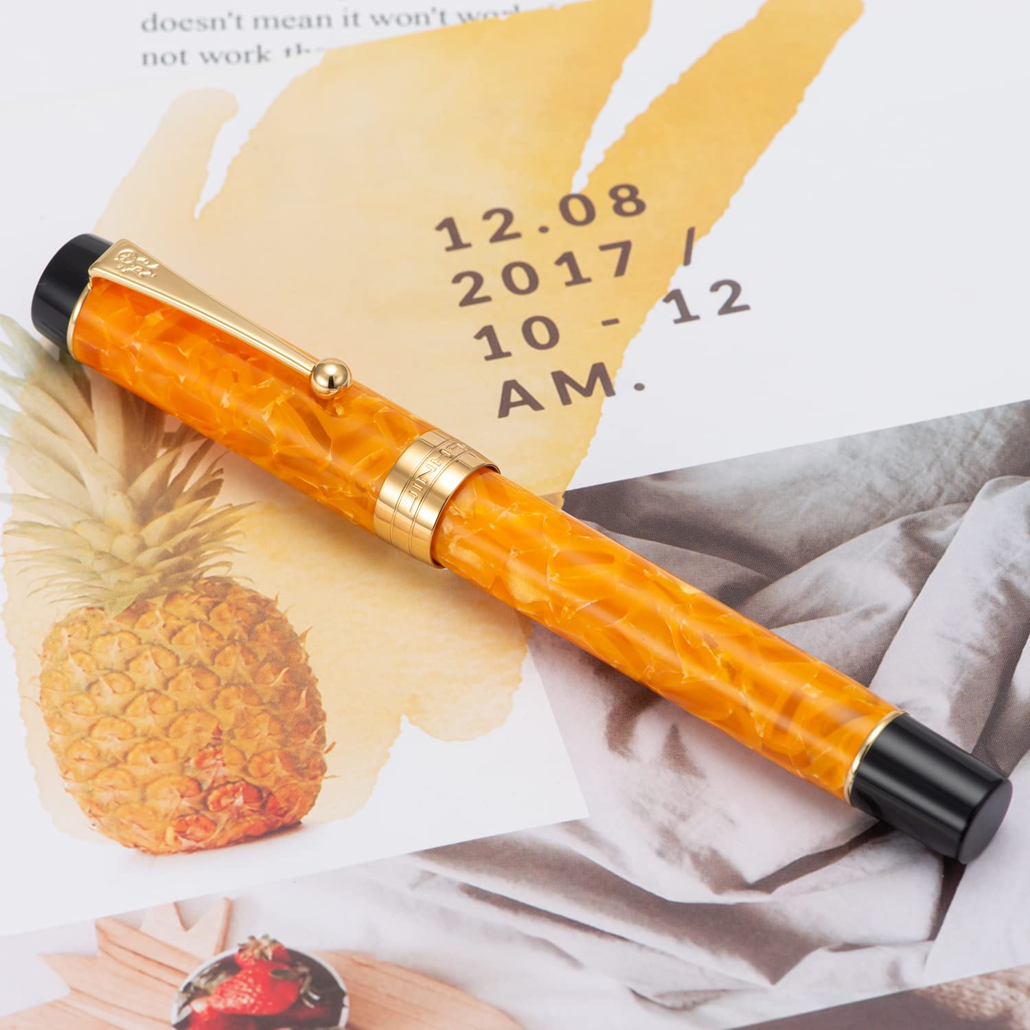 Jinhao 100 Classic Fountain Pen Bent Nib, Orange Celluloid Fude Pen Calligraphy from Fine to Broad