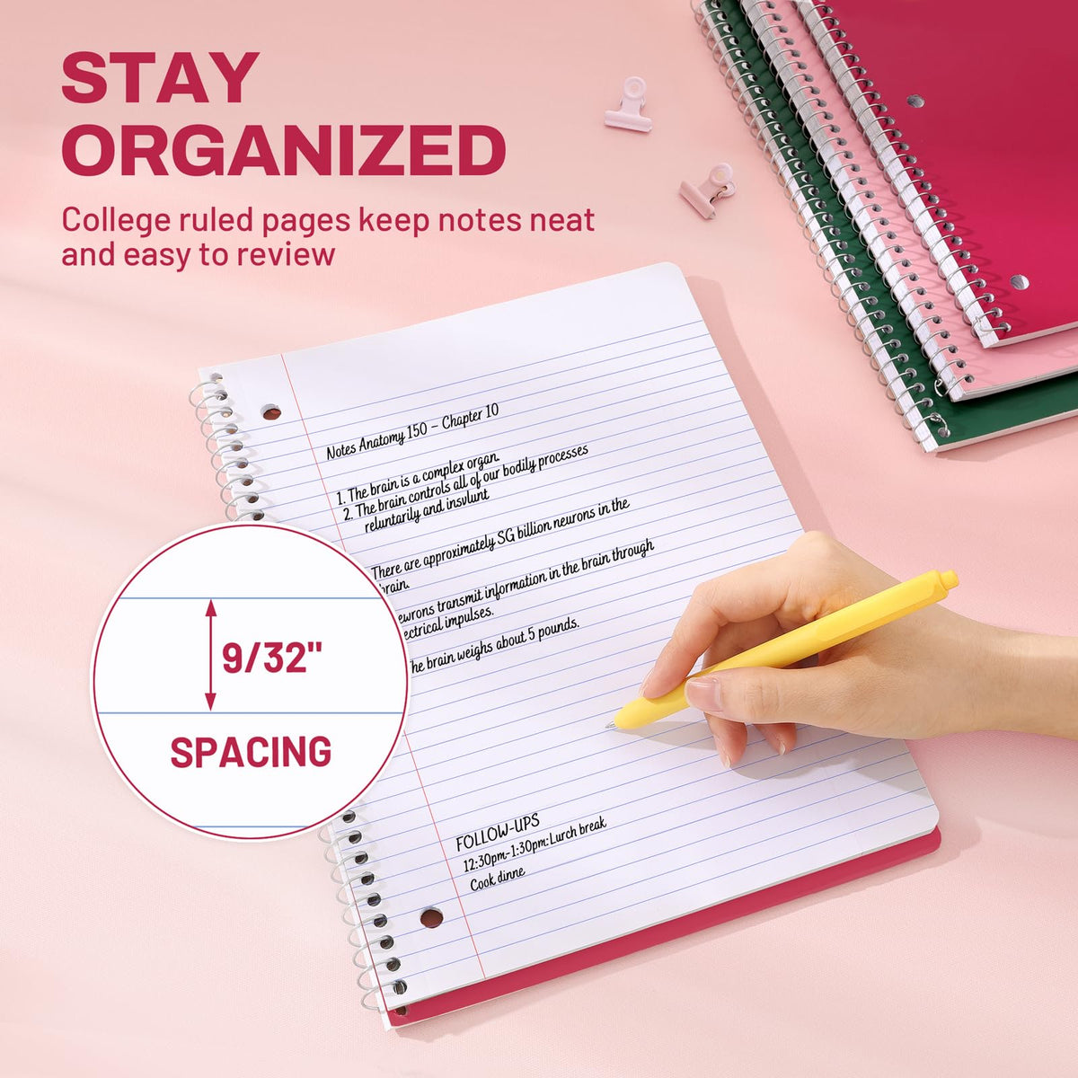 SUNEE Spiral Notebooks, 3 Pack, 1-Subject, College Ruled Paper, 8" x 10-1/2", 70 Sheets per