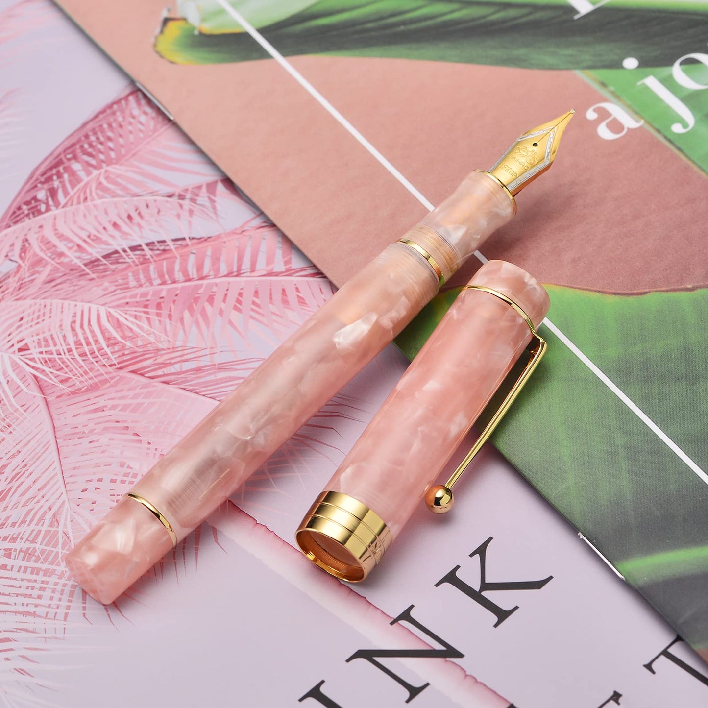 Jinhao 100 Fountain Pen Classic Style Pink Marble Acrylic, Fine Point with Converter and Gold Trim