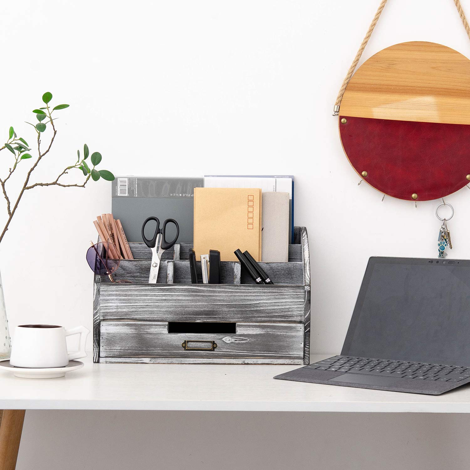 canwedance Distressed Rustic Wooden Office Desk Organizer 5 Compartment with 2 Drawer &Counter Desk