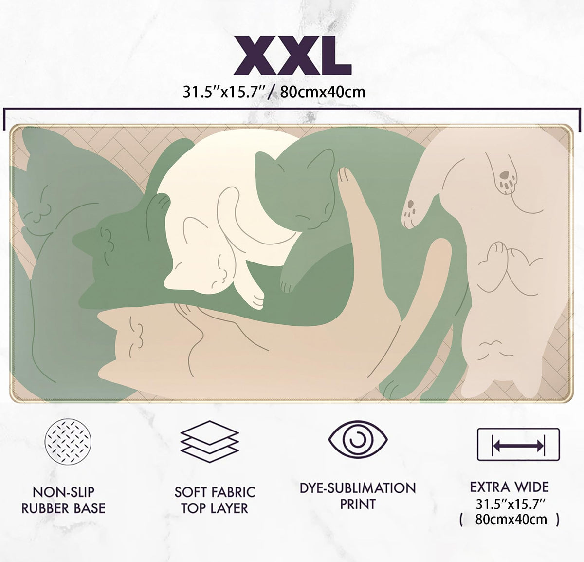 Cute Sleeping Cats Desk Mat Matcha Green Desk Pad, Minimalist Boho Mouse Pad XXL, Cream Tan Gaming