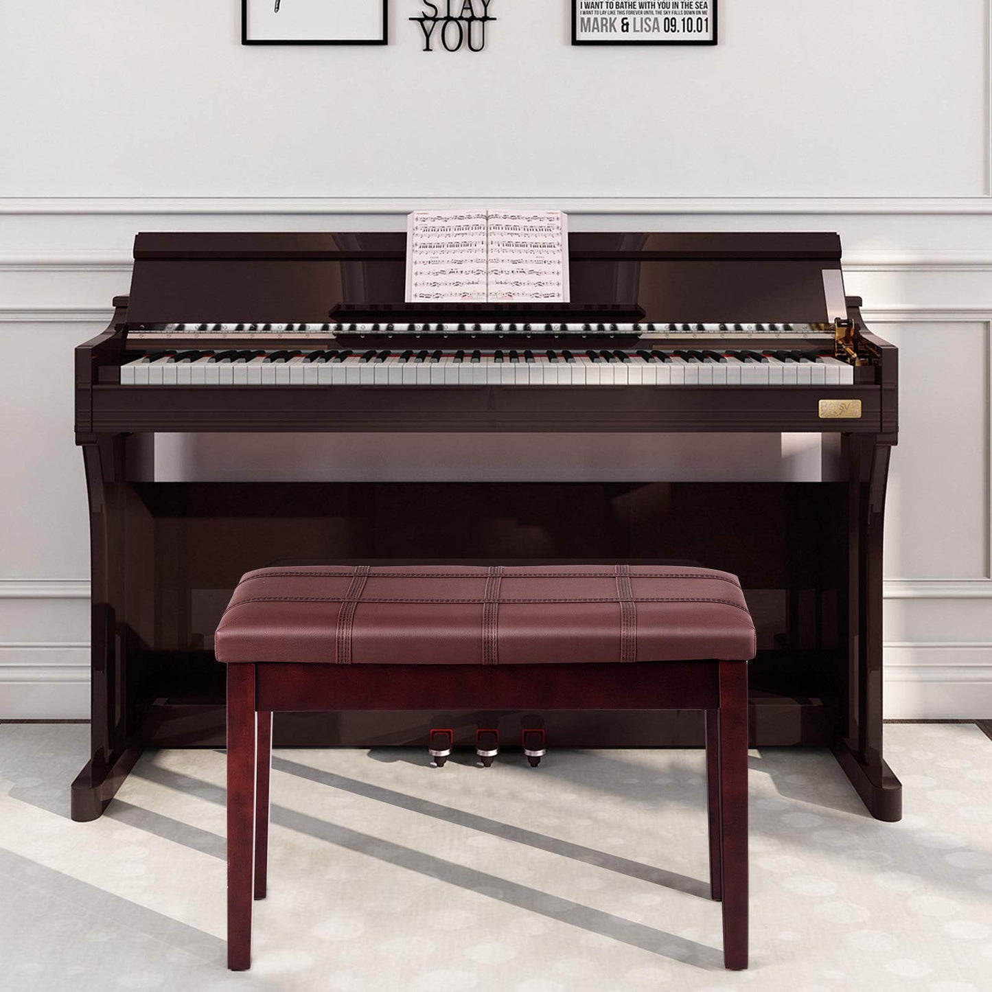 GOFLAME Piano Bench with Padded Cushion and Music Storage, Comfortable Double Duet Seat with PU