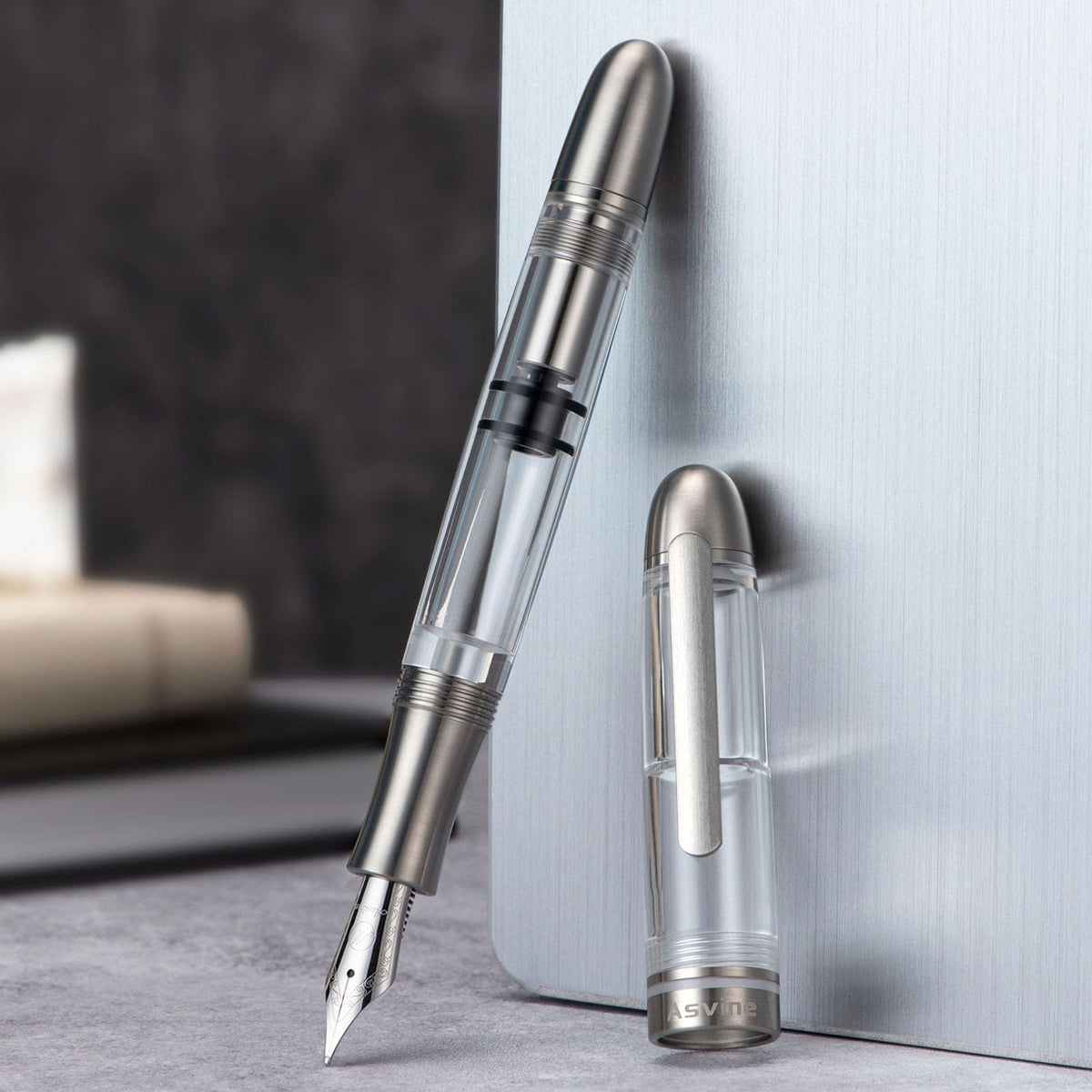 Asvine P36 Titanium Fountain Pen Piston Filling, Fine Point Clear Demonstrator Pen Smooth Writing