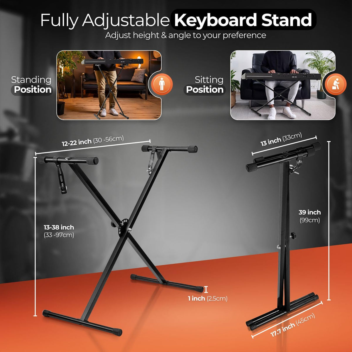 Flexzion Classic Keyboard Stand Musician Electronic Piano Organ Single Tube X Type 7 Position