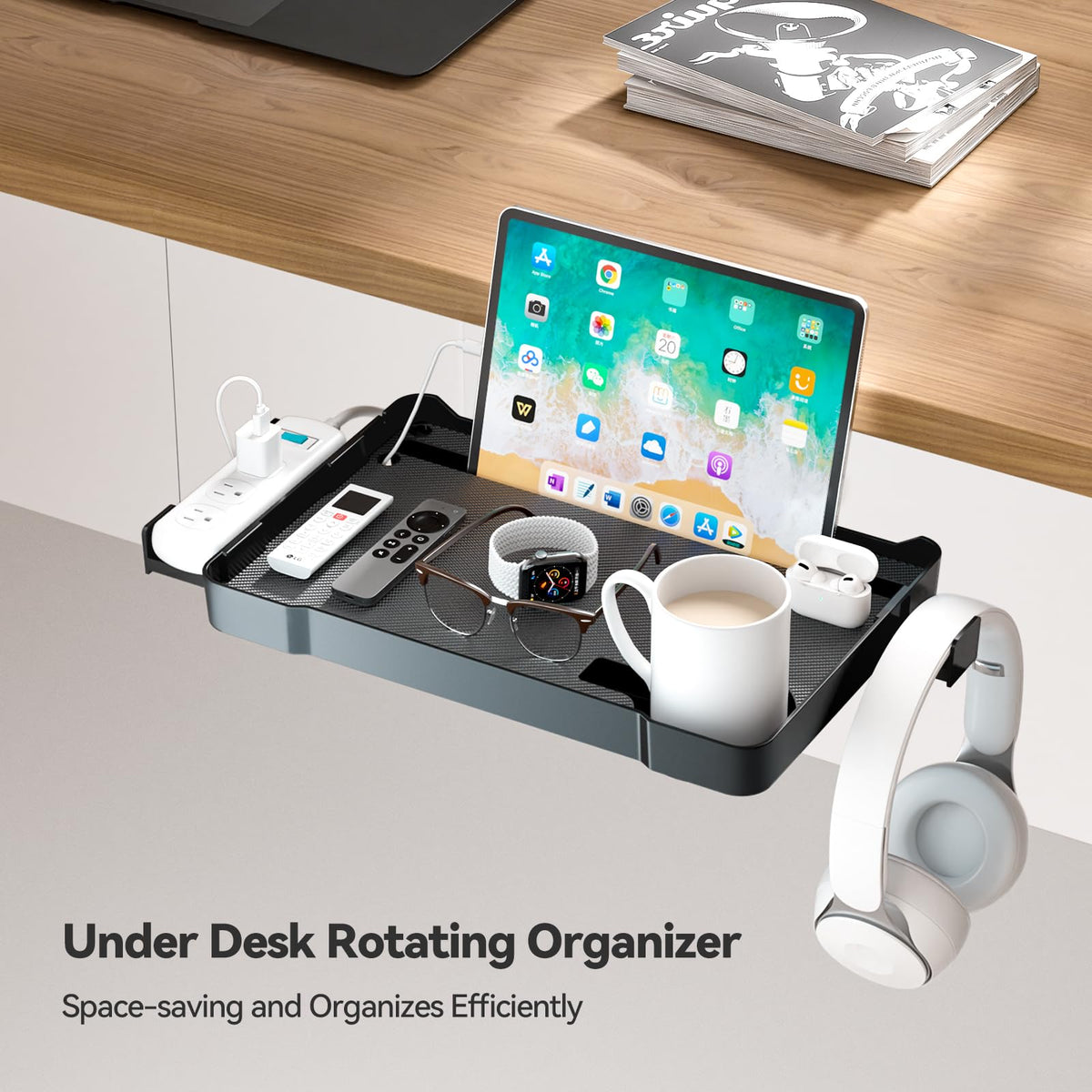 KDD Under Desk Organizer - 360° Rotating Clamp-On Tray with Headphone Hook, Phone & Tablet Holder