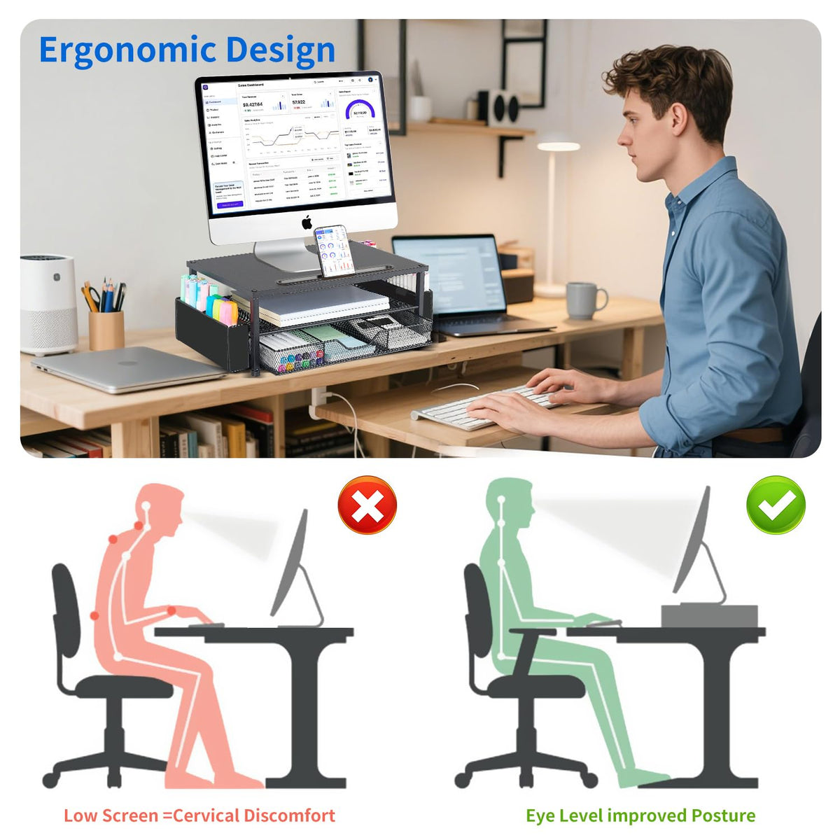 AUPSEN Wood Computer Monitor Stand Riser, 2-Tier Black Desk Organizer with Drawer, Pen Storage &