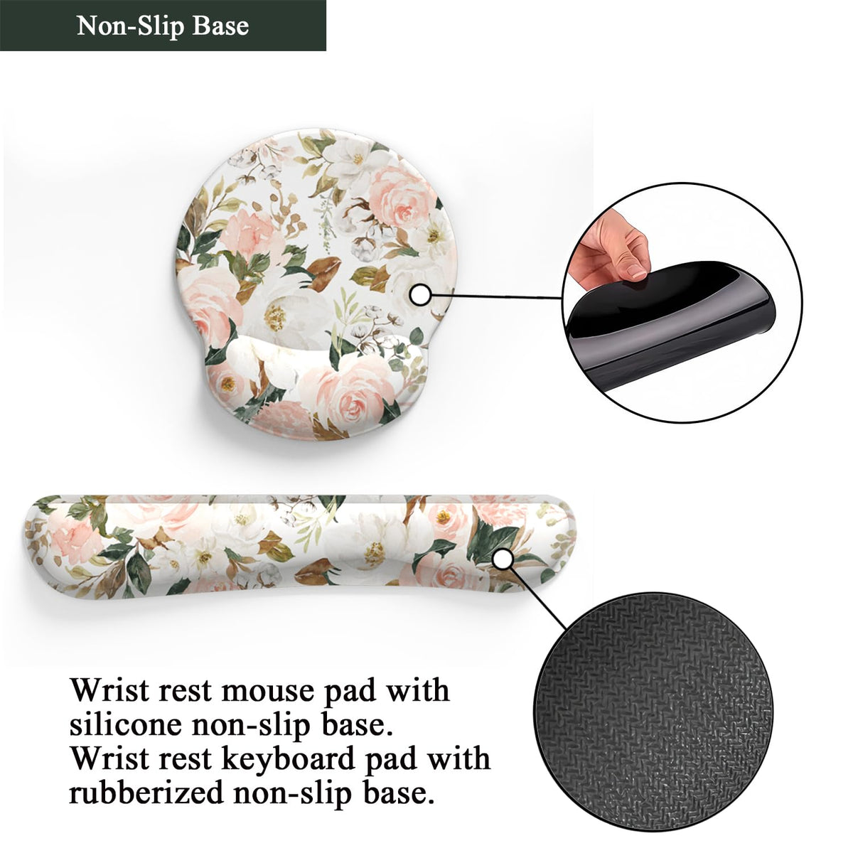 Pink Flower Desktop Mat Aesthetic Wrist Support Keyboard Mouse Wrist Rest Set, Computer Office
