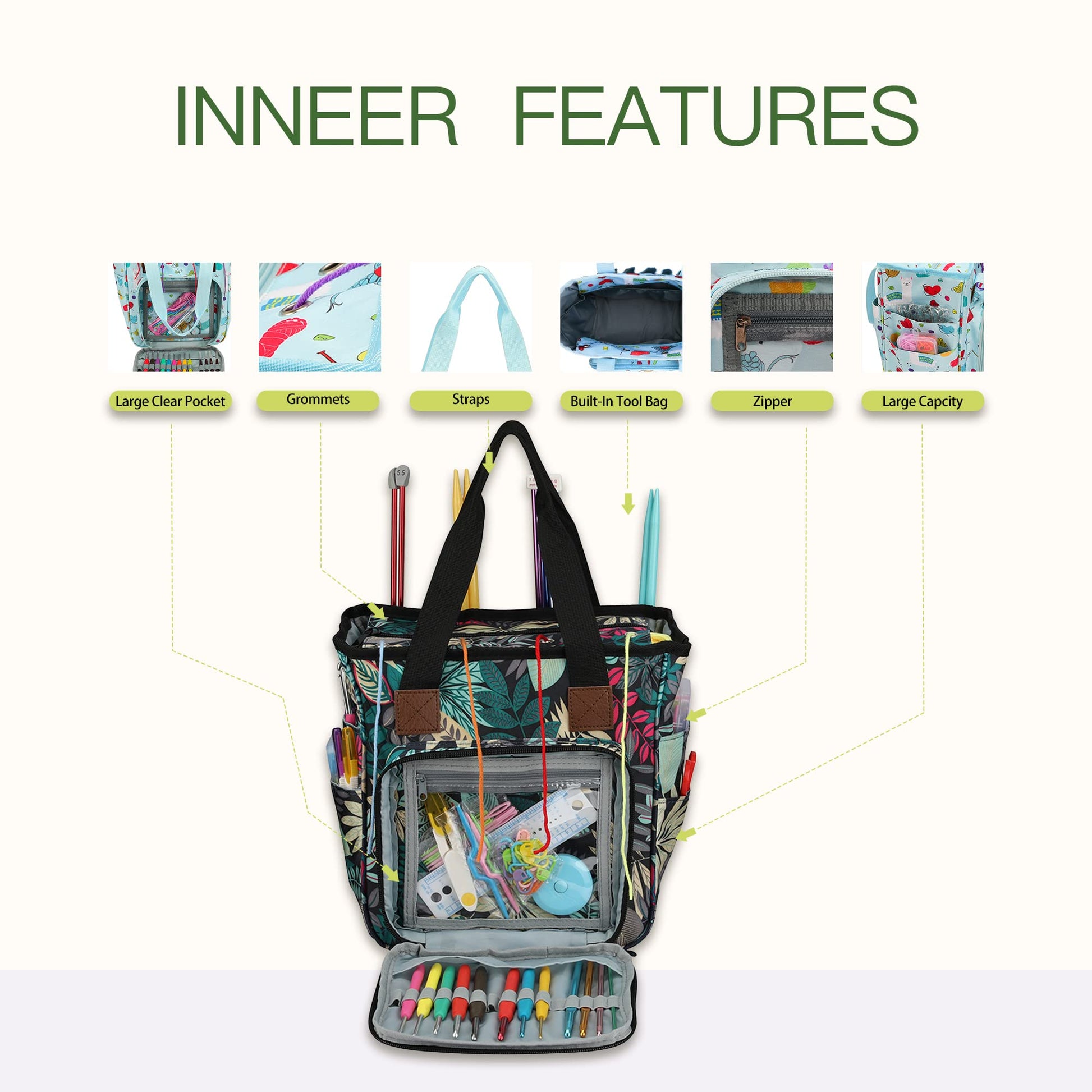 LOOEN Yarn Knitting Storage Tote-Large Capacity Crochet Organizer Portable Travel Bag with Shoulder