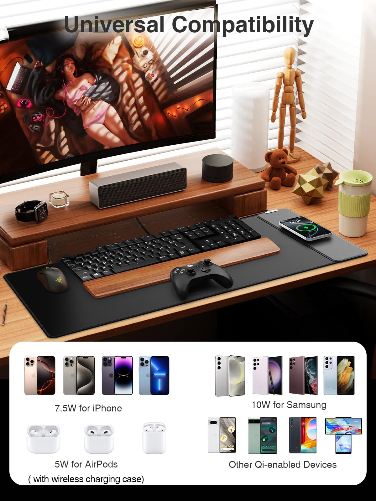Magnetic Wireless Charging Mouse Pad, 31.5"x15.8" Large Desk Mat