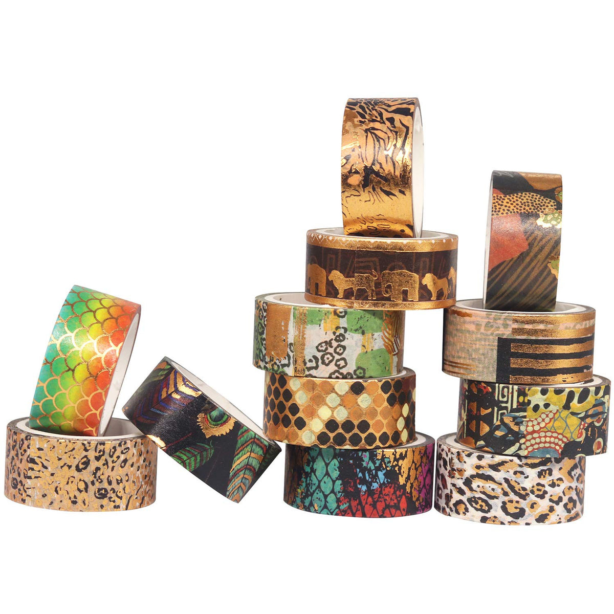 YUBX Wild Animals Washi Tape Set 12 Rolls Gold Foil Print Decorative Masking Tapes for Arts, DIY