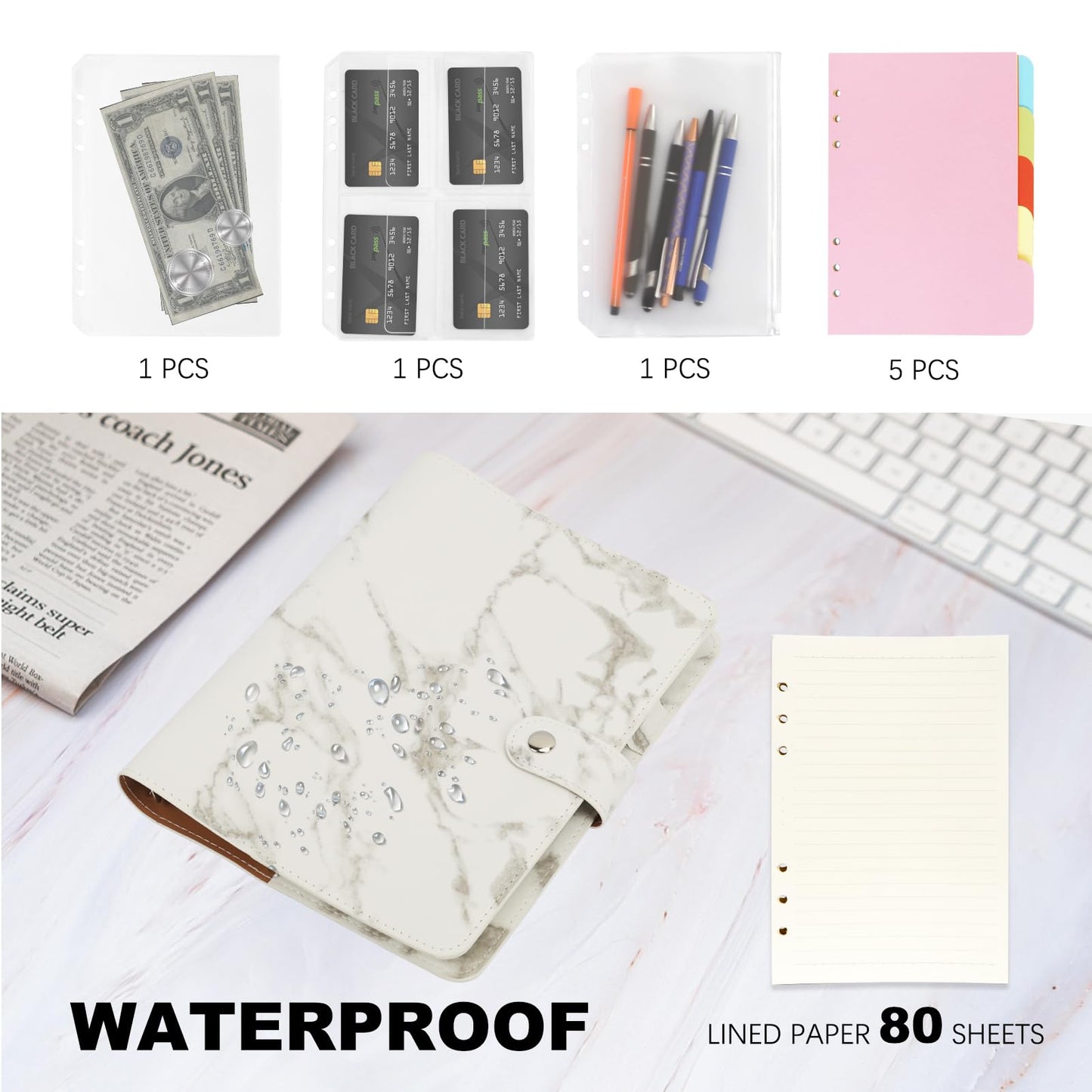 FYY A5 Binder Refillable Planner Notebook 6 Ring, Marble White