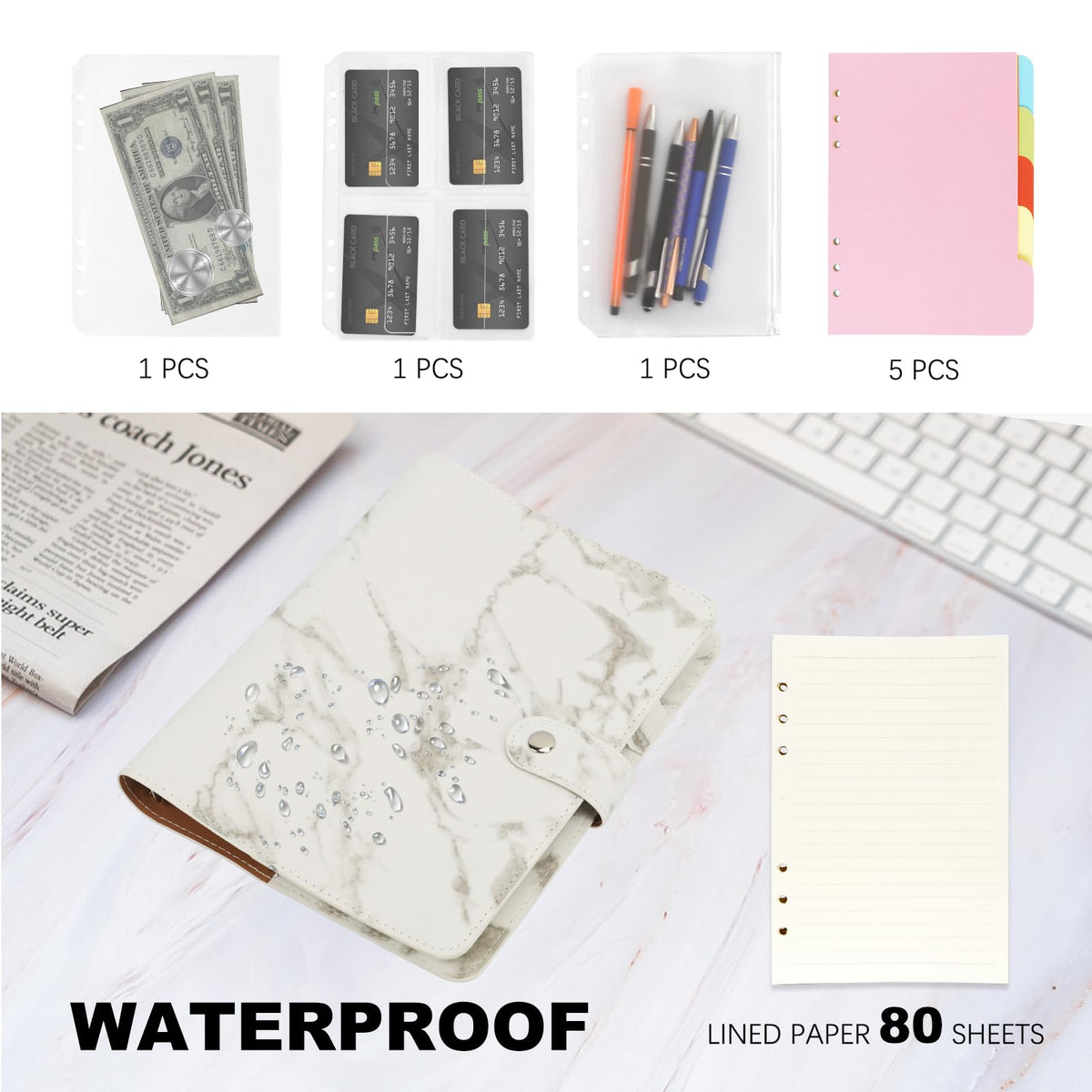 FYY A5 Binder Refillable Planner Notebook 6 Ring, Marble White