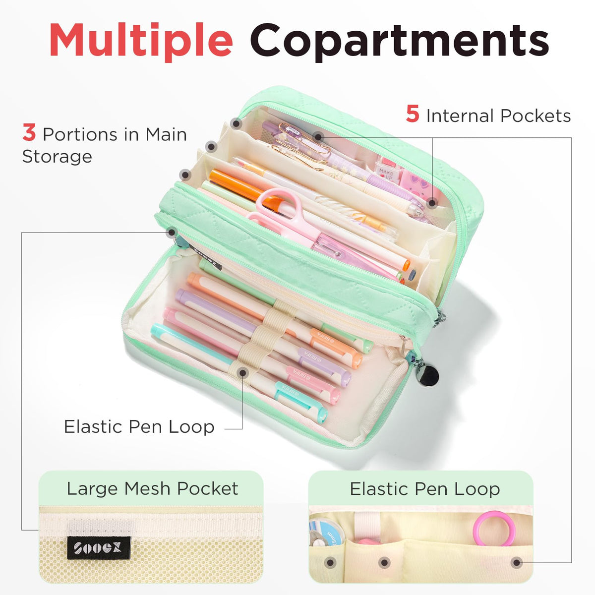 Sooez Large Pencil Case Pouch, Extra Big Pencil Bag with 8 Compartments, Pen Bag Wide Opening, Soft
