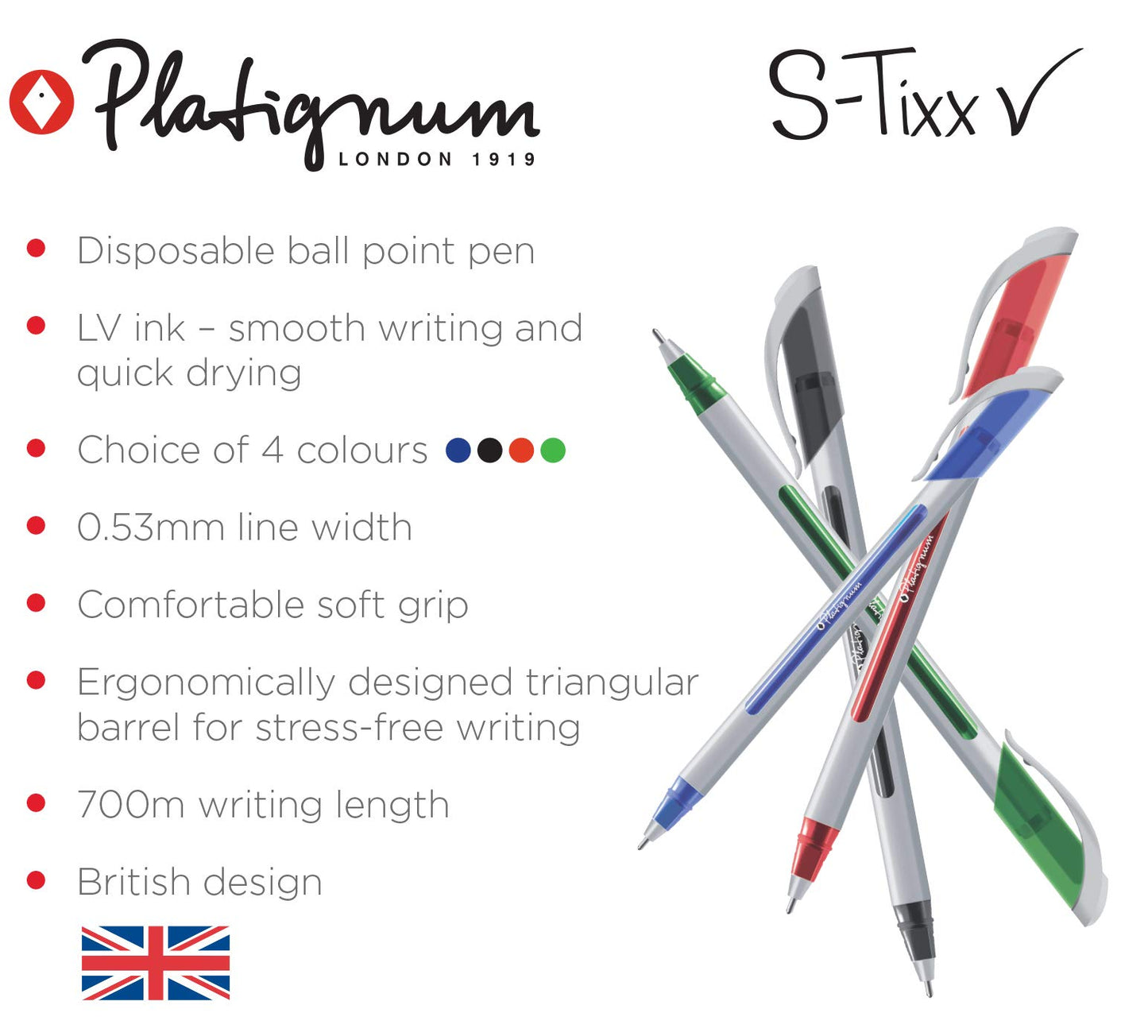 Platignum S-Tixx Black Ballpoint Pen [Pack of 50] Soft Grip Barrel with LV Ink for Smudge-Free and