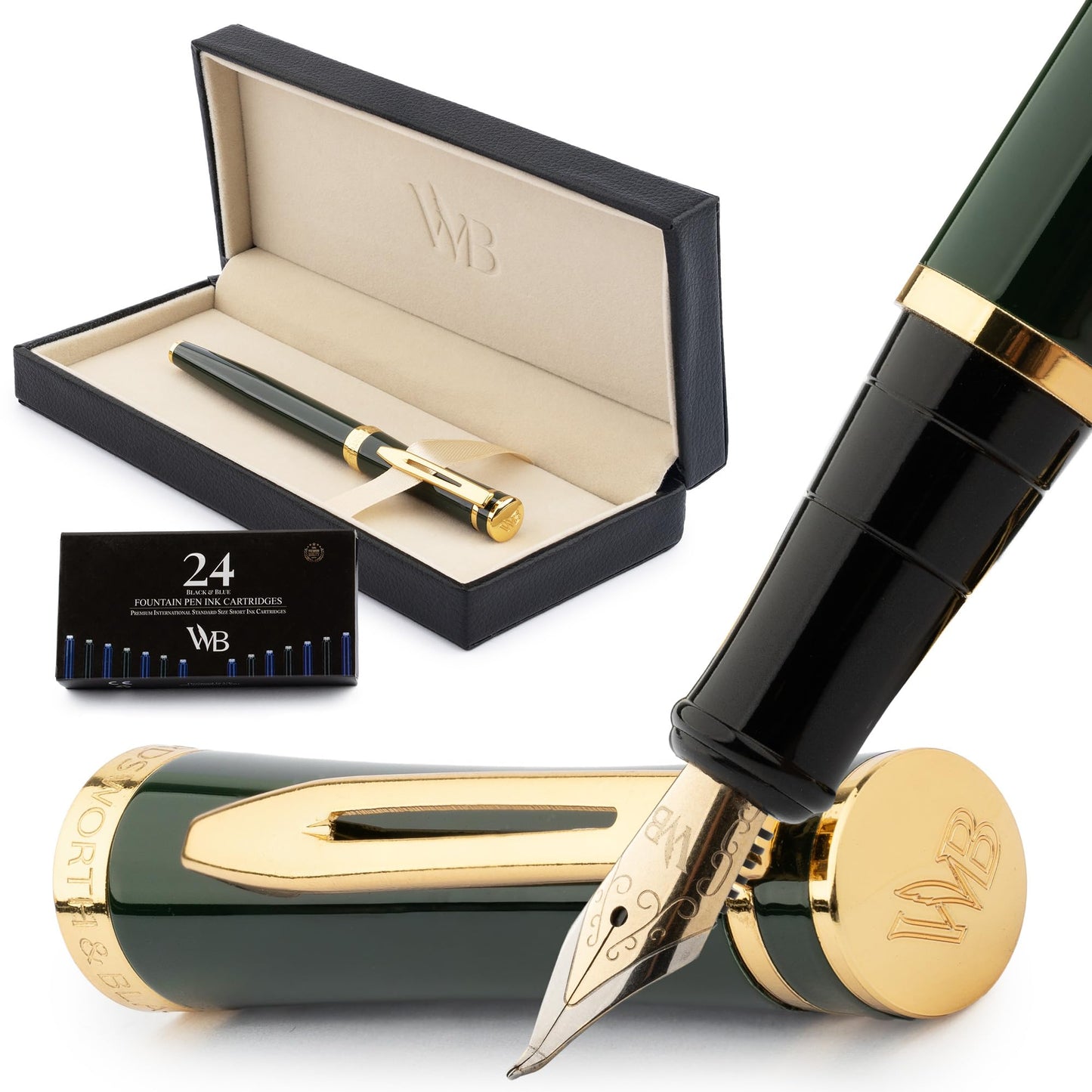 Wordsworth & Black Luxury Fountain Pen Set for Writing,Bent Nib, Green