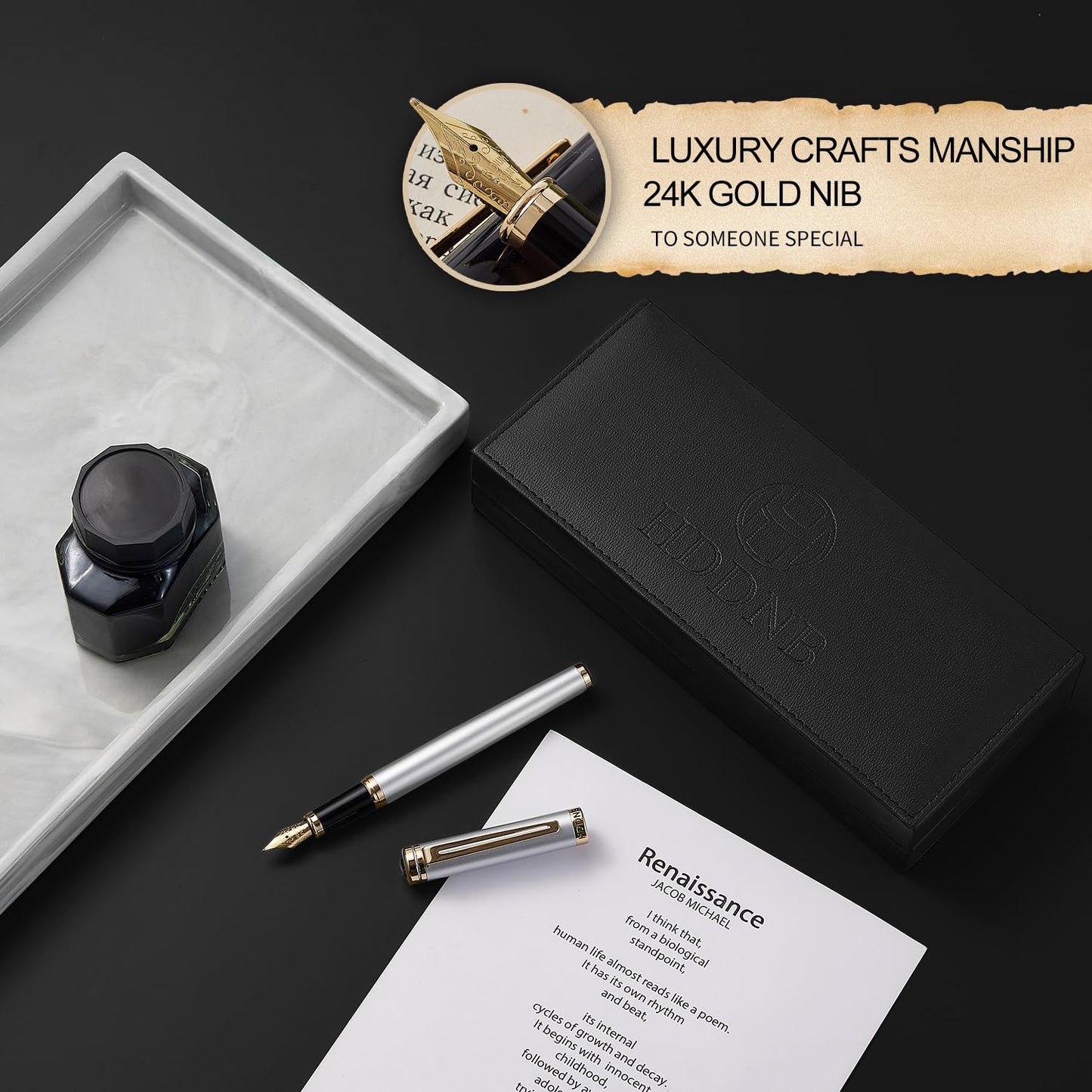 HDDNB Silver Luxury Fountain Pen Set for Men and Women with Gift Box, 24K Gold Finish and Gilded