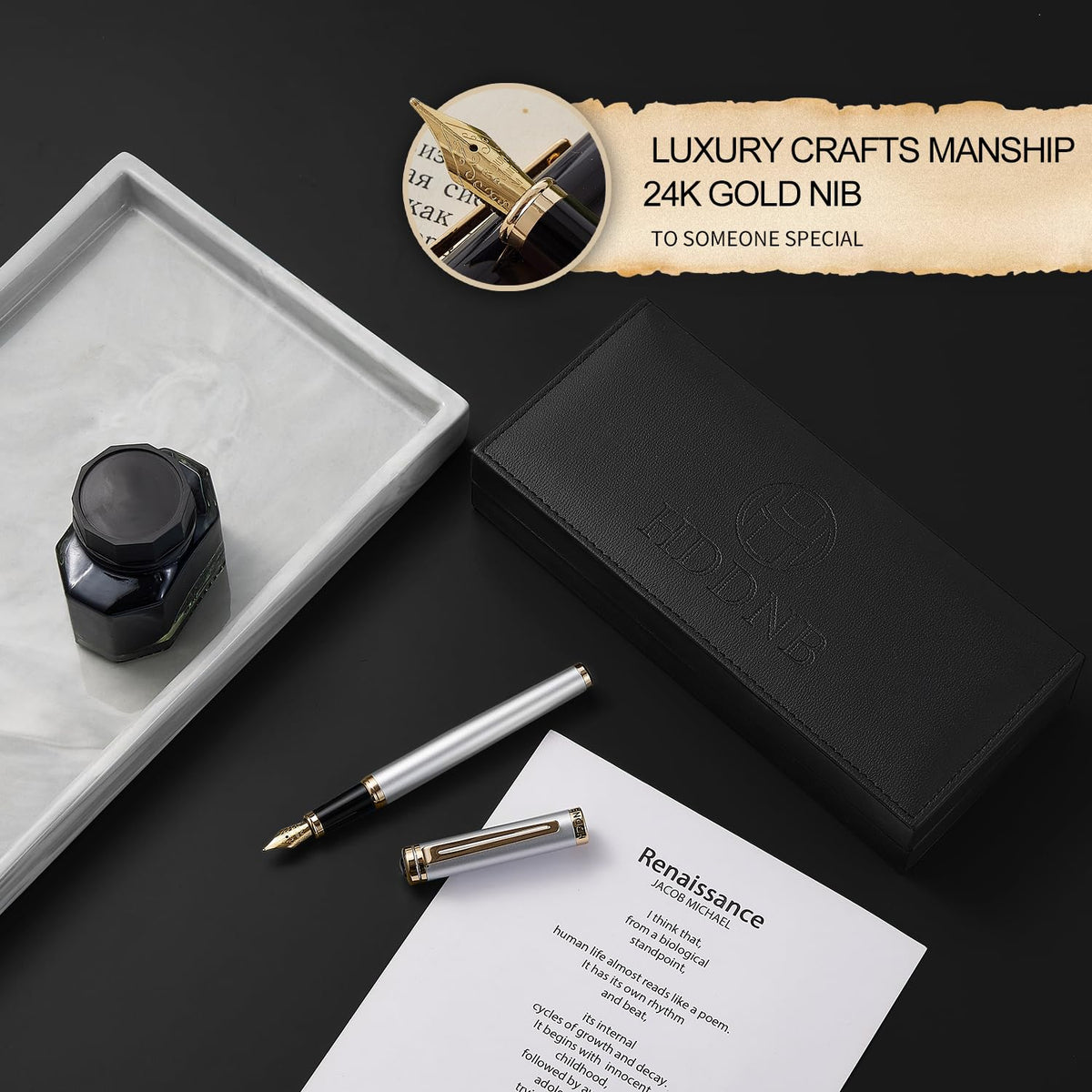 HDDNB Silver Luxury Fountain Pen Set for Men and Women with Gift Box, 24K Gold Finish and Gilded