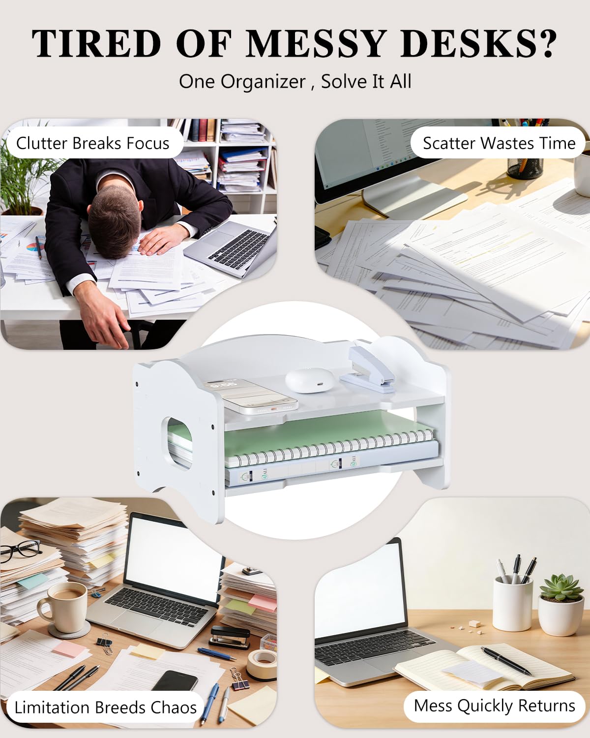 WALI Desk File Organizer, 2 Tier Stackable Desktop Paper Letter Tray Organizer with Handle, Office