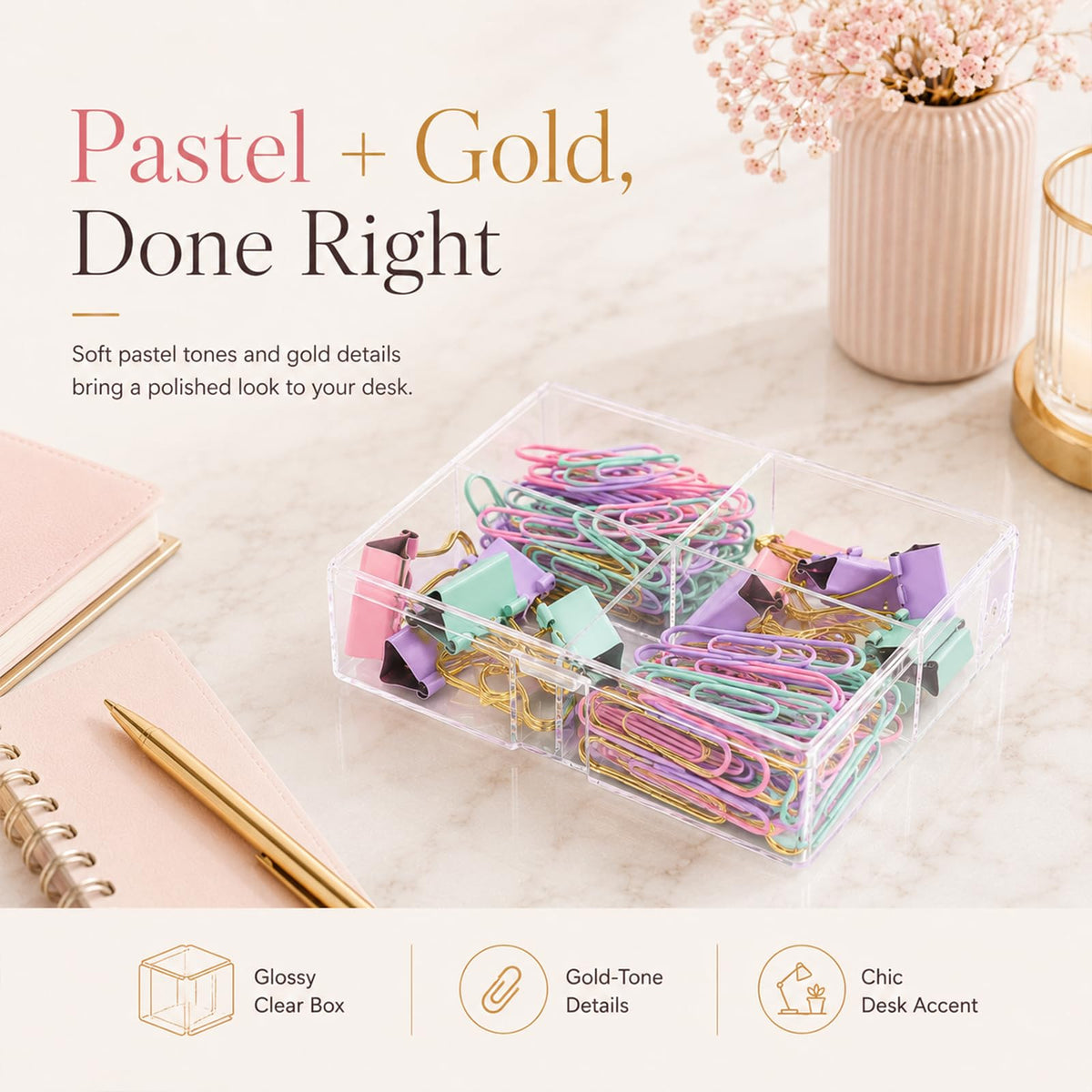 Creechwa Paper Clips and Binder Clips Set, Pastel Color, Assorted Size Clip