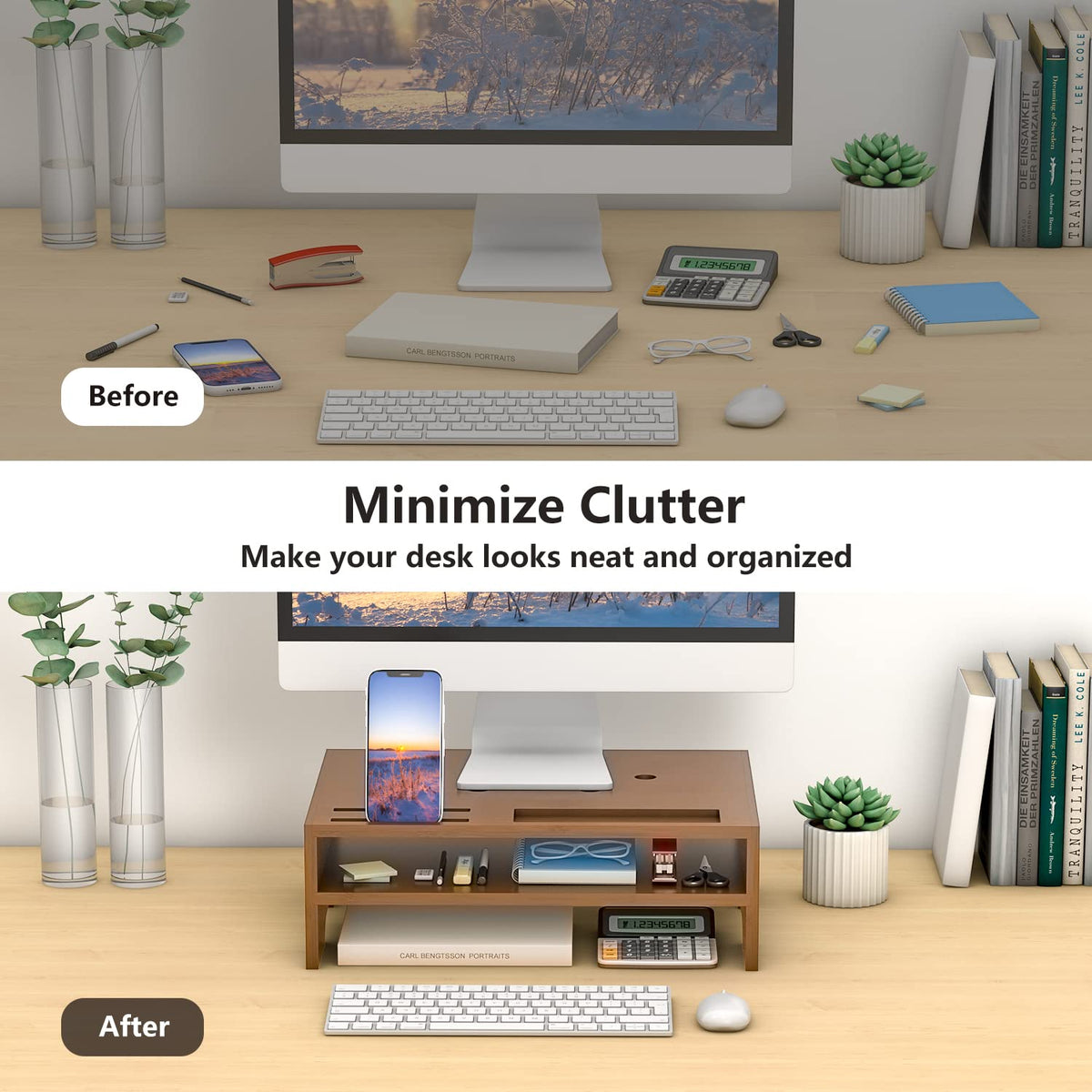 Bambloom Monitor Stand Riser with Storage Organizer Desktop with Cooling Holes Bamboo Laptop Riser