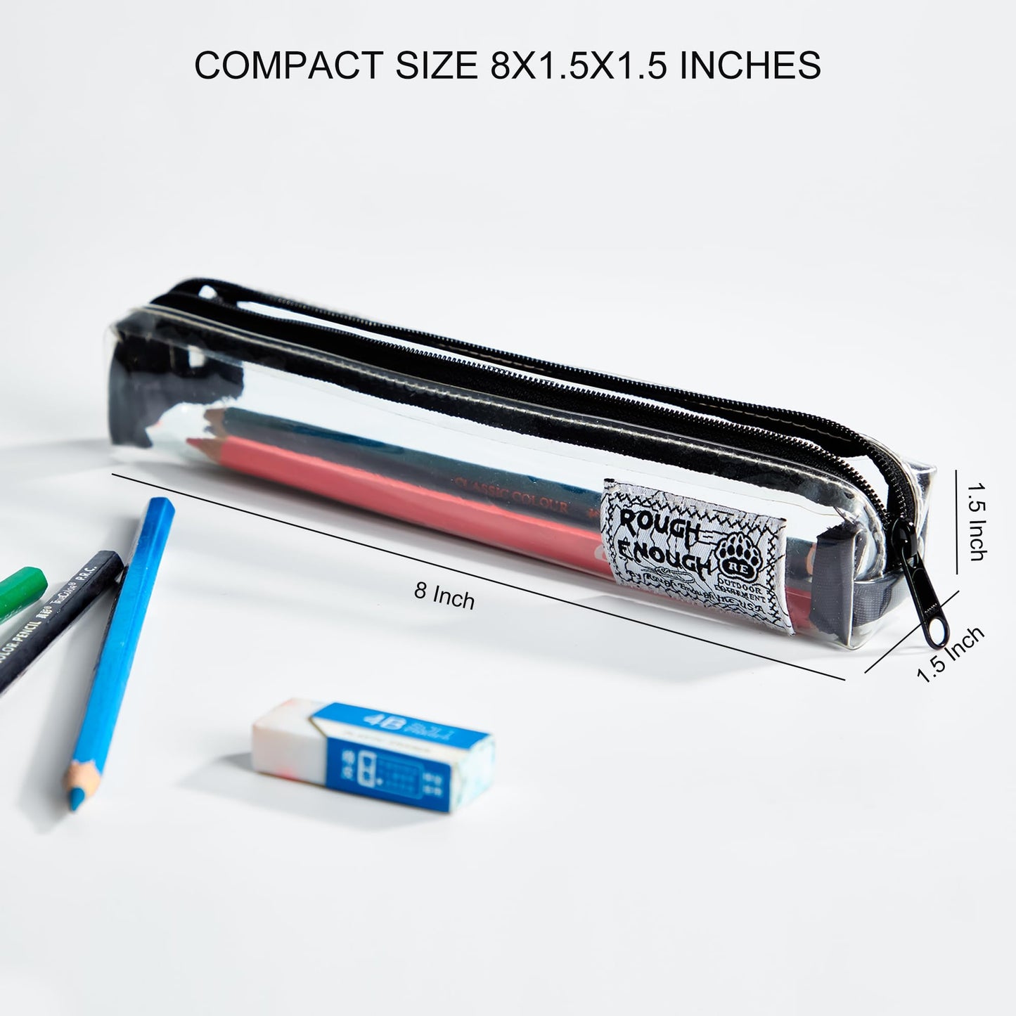 Rough Enough Clear Pencil Pouch, Slim Pen Case for Classroom & Office